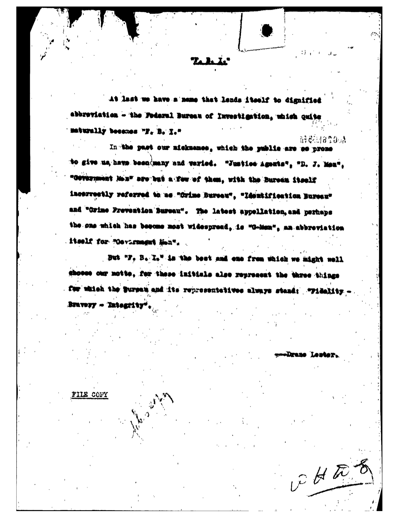Lester's original document (copy) from FBI files. 