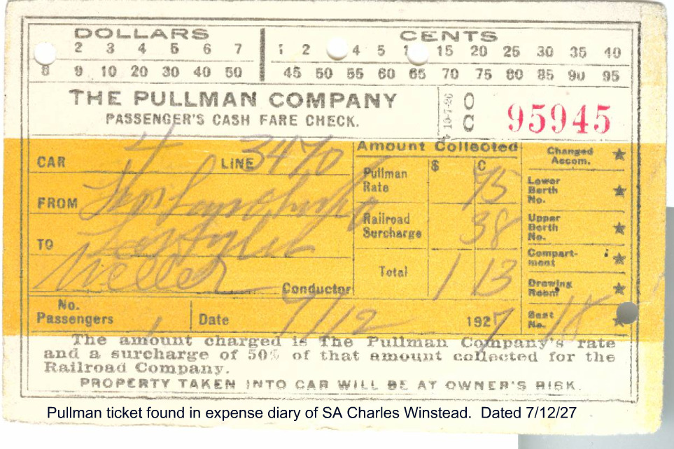 A Pullman Train receipt dated 1927 found among Winstead's records. Shows travel to Los Angeles