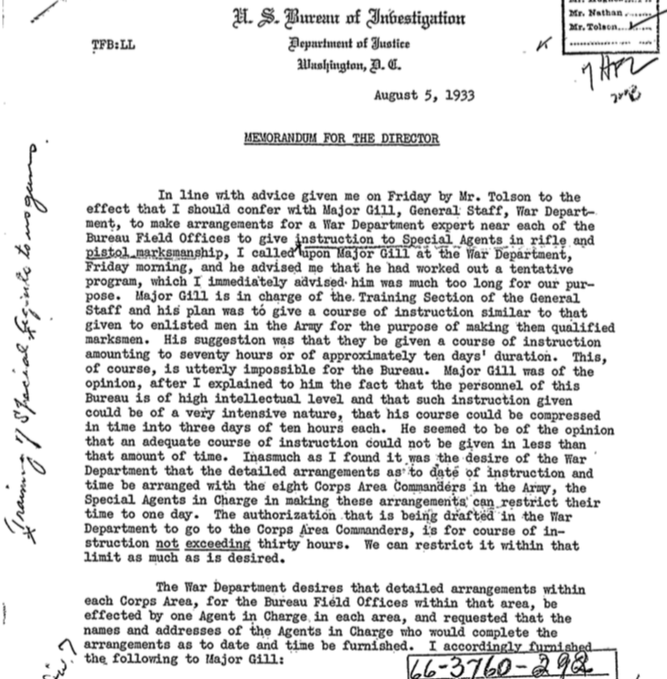 See it elsewhere - SA "Frank" Baughman's initial August, 1933 contact with the War Department for firearms training assistance from the U. S. Army