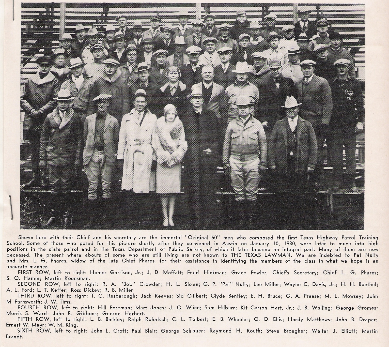 Texas Highway Patrolman, Henry "Hank" Sloan & Original Texas Highway Patrol Group Courtesy "Hank" Sloan's family. A photo of the immortal "Original 50" men of the first Texas Highway Patrol training school. Sloan, prior to joining the FBI, is in the second row.