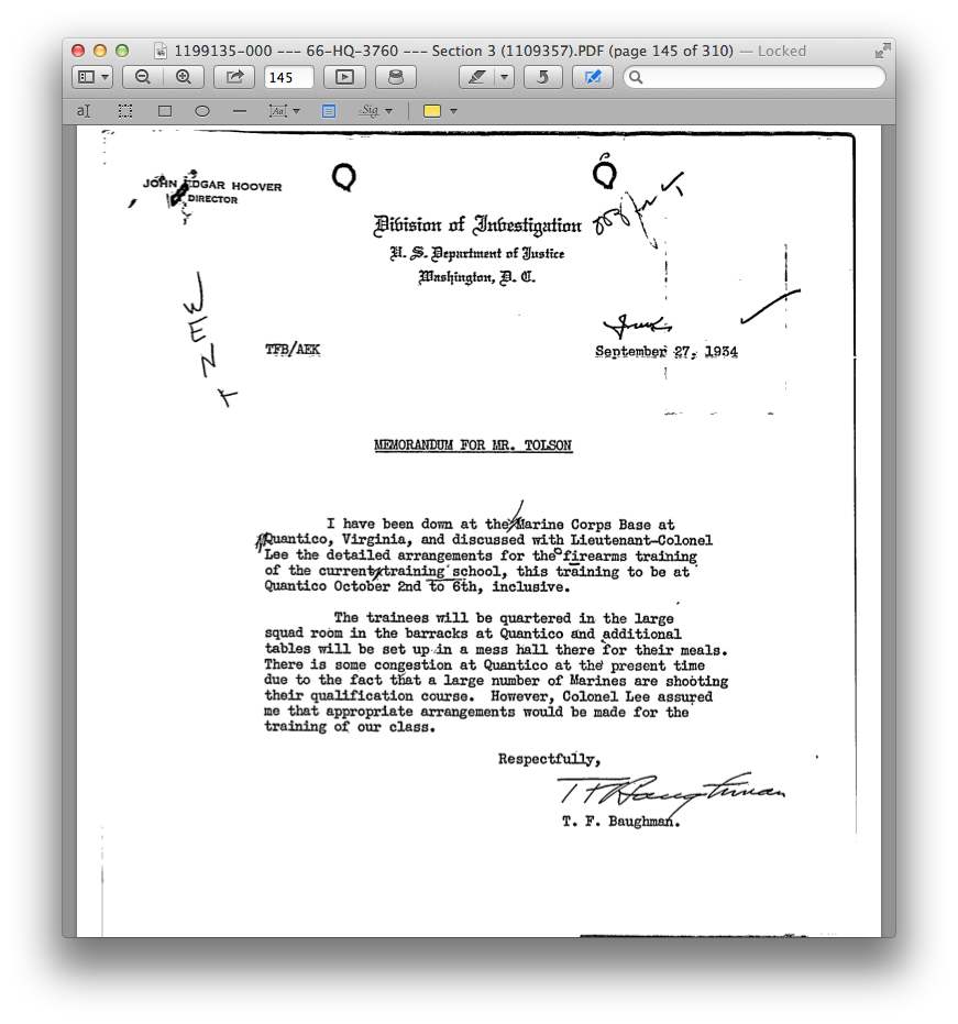 A September, 1934 memo from "Frank" Baughman prepares the Director and others for what was probably the FIRST training at the Quantico, Va. Marine base. 