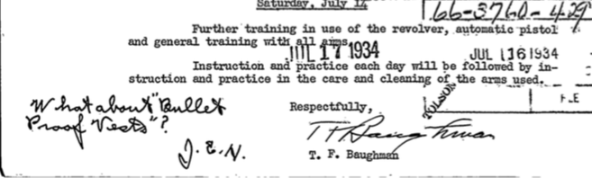 During 1934 firearms training, the Director voices his concern for the use of bullet proof vests for his men.