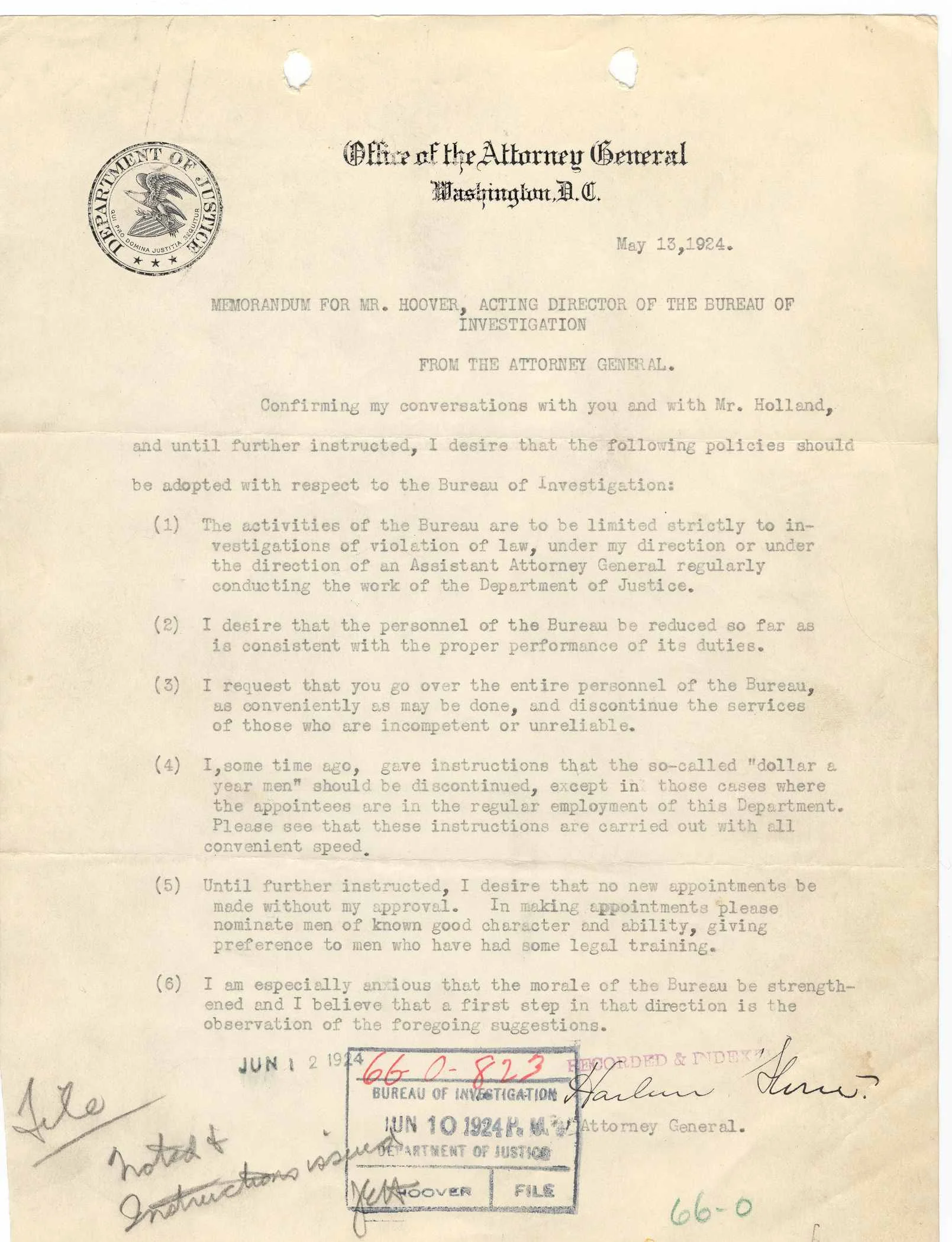 From FBI files: An original copy of the agreement between incoming Director Hoover and Attorney General, Harlan Stone 1924. Hoover's initials "JEH" and his inscription on issuing instructions to his underlings is shown. 