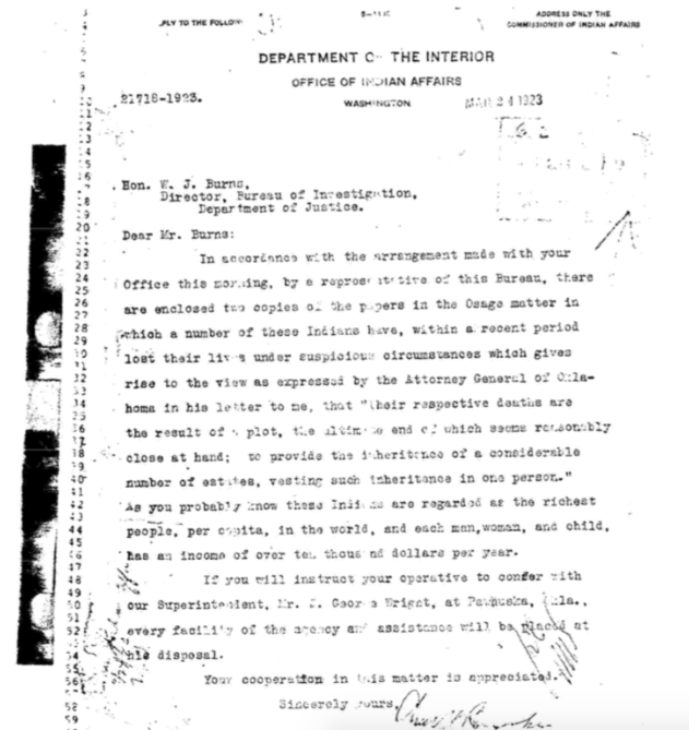 1923 Office Of Indian Affairs Request For Investigative Assistance - FBI files (FOIA)