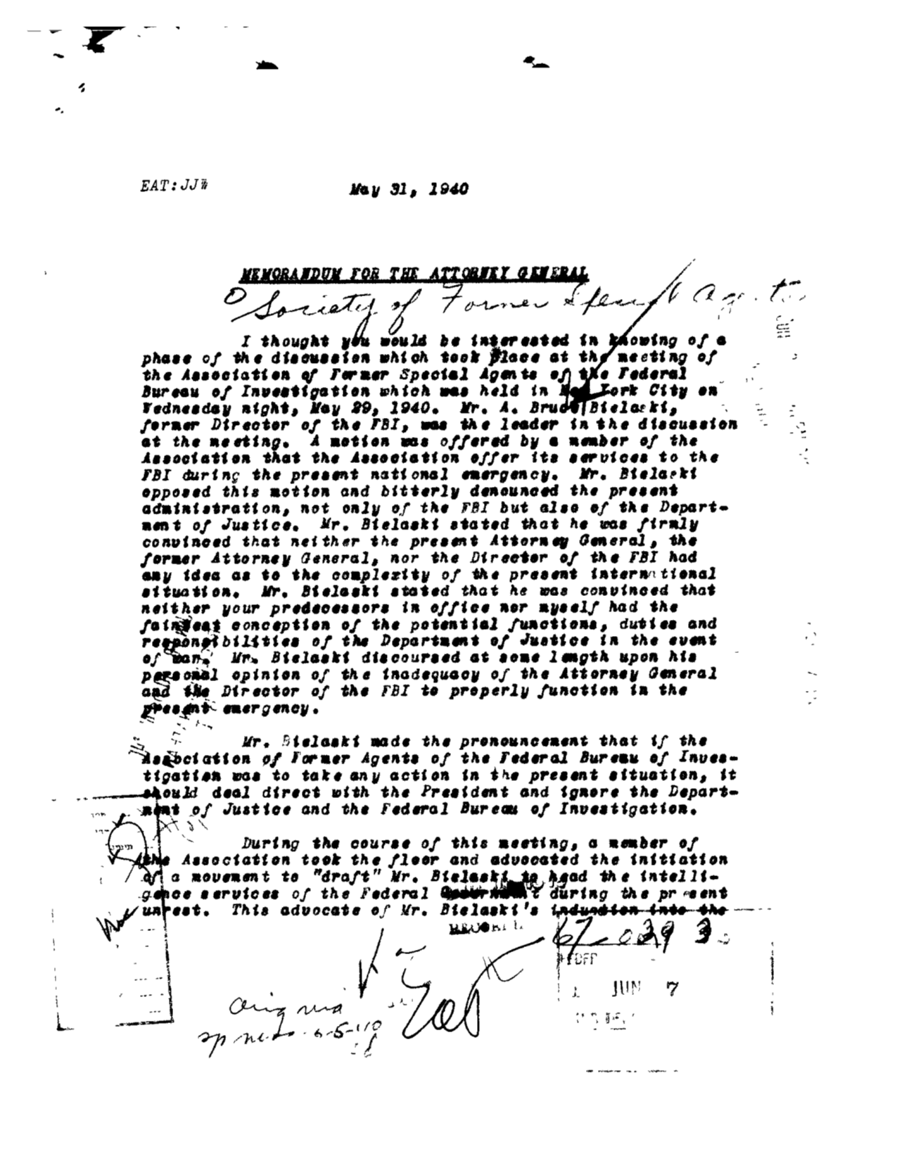 Director Hoover's letter to the Attorney General, 1940 revealing Bielaski's criticisms.&nbsp;