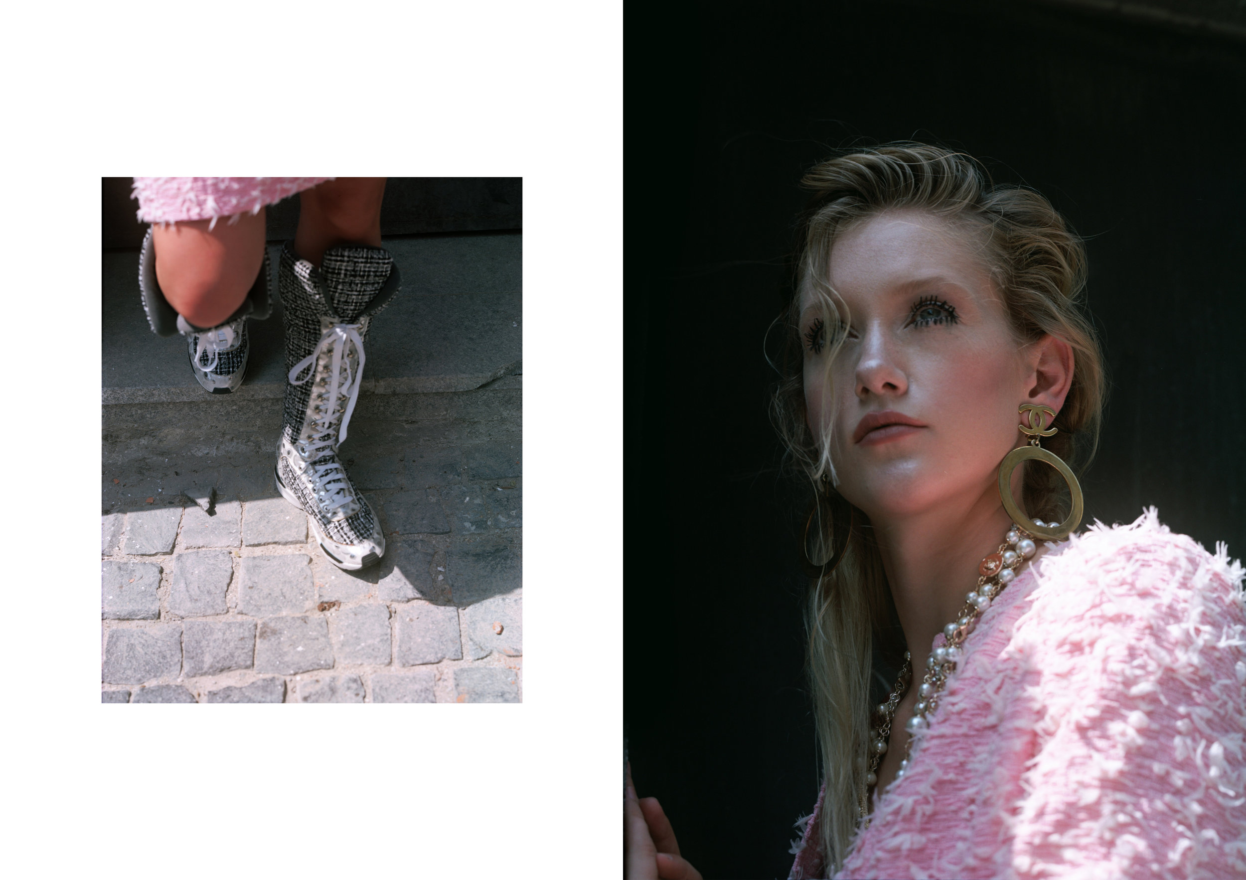 shoes CHANEL, suit CHANEL, earrings CHANEL / AU VINTAGE, necklace CHANEL