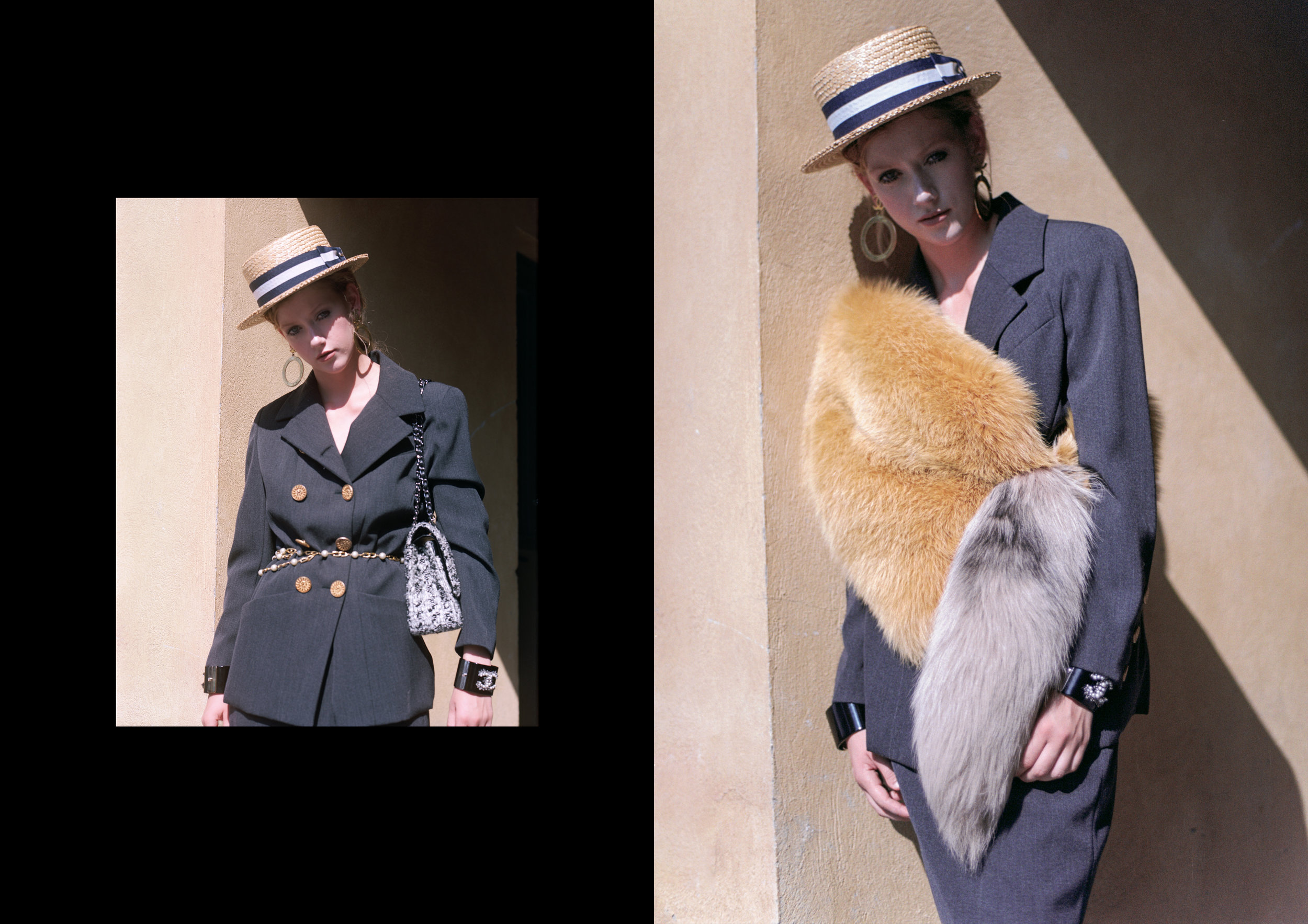 left image ALL CHANEL, right image fur MIU MIU, suit CHANEL, bracelets CHANEL