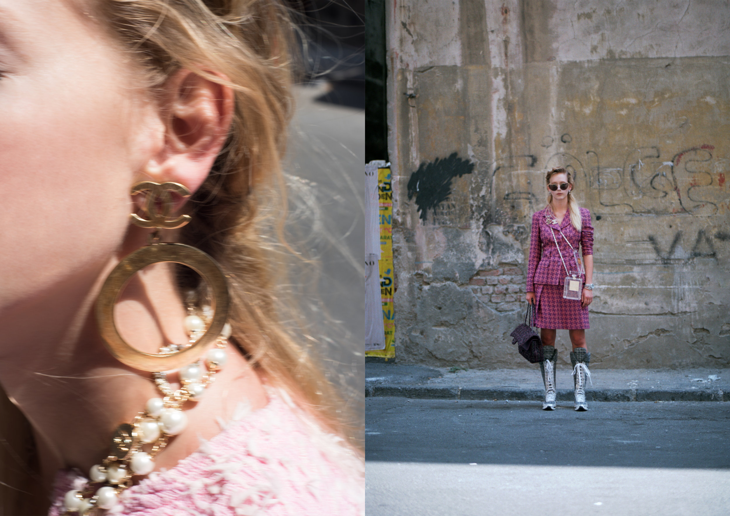 left image ALL CHANEL, right image suit CHANEL, bags CHANEL, sunglasses MIU MIU, prooch + bracelets CHANEL, shoes CHANEL
