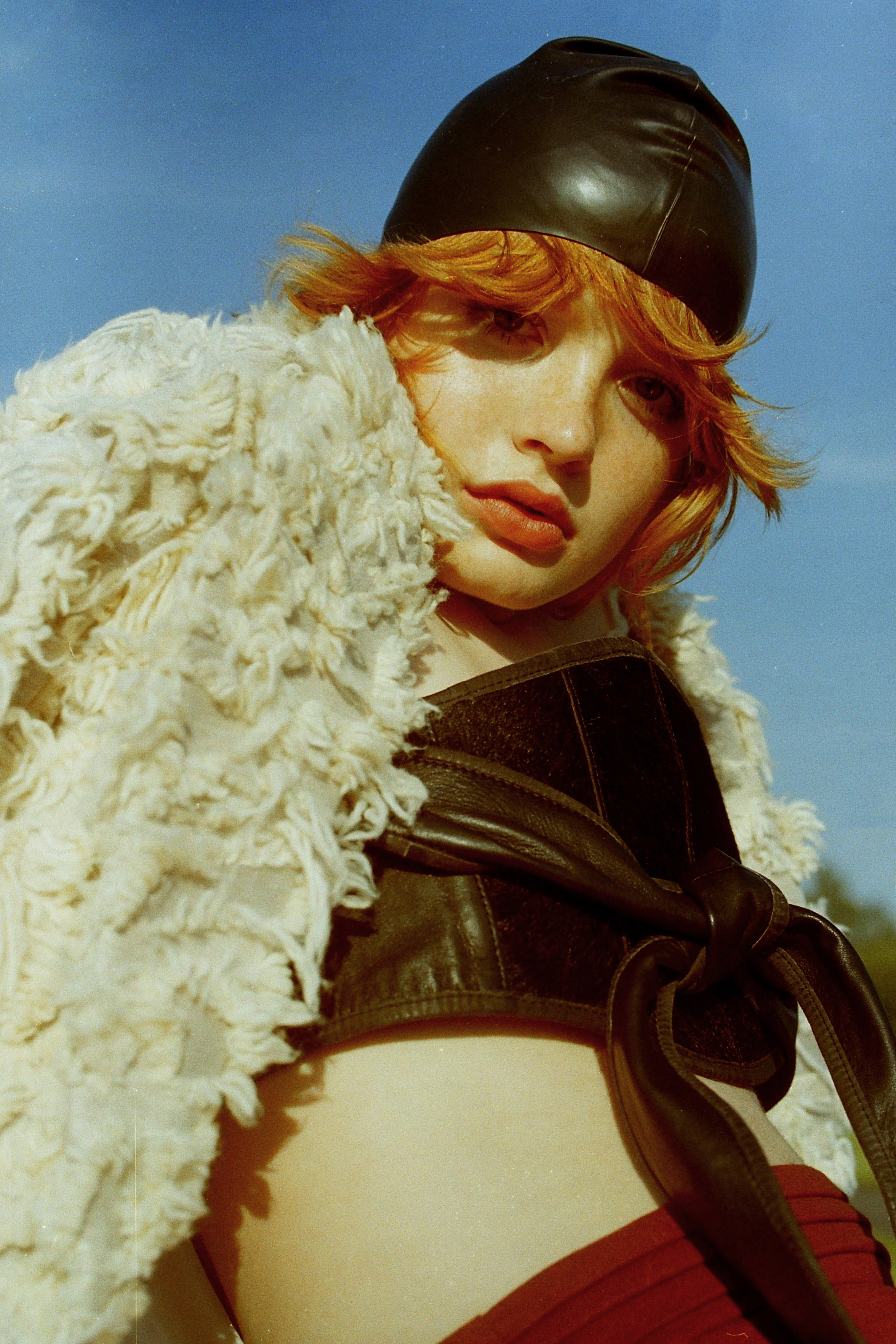 swim cap VINTAGE, jacket SCHAI , l eather + fur belt (worn as top) NICHOLAS K , trousers LINDY FOX , 