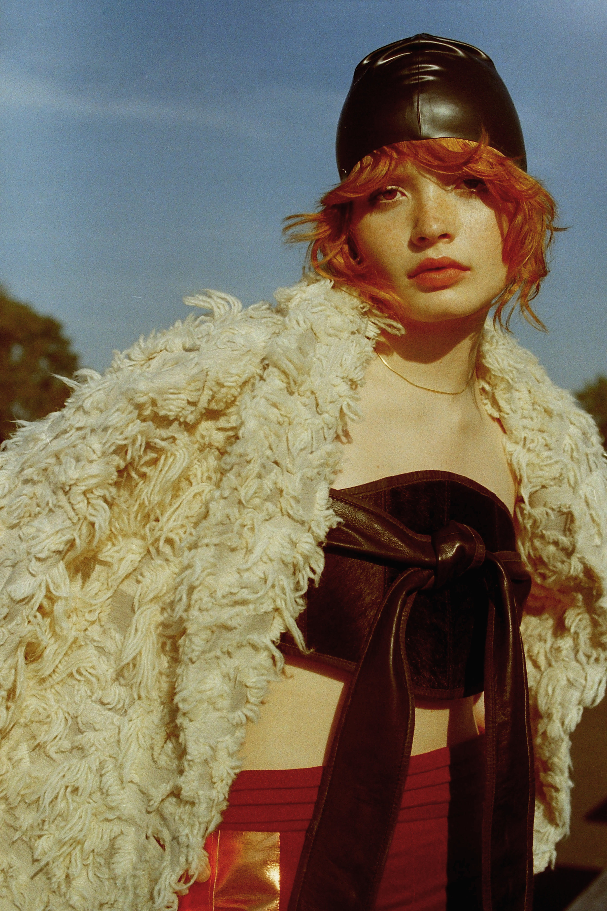 swim cap VINTAGE, jacket SCHAI , l eather + fur belt (worn as top) NICHOLAS K , trousers LINDY FOX , 