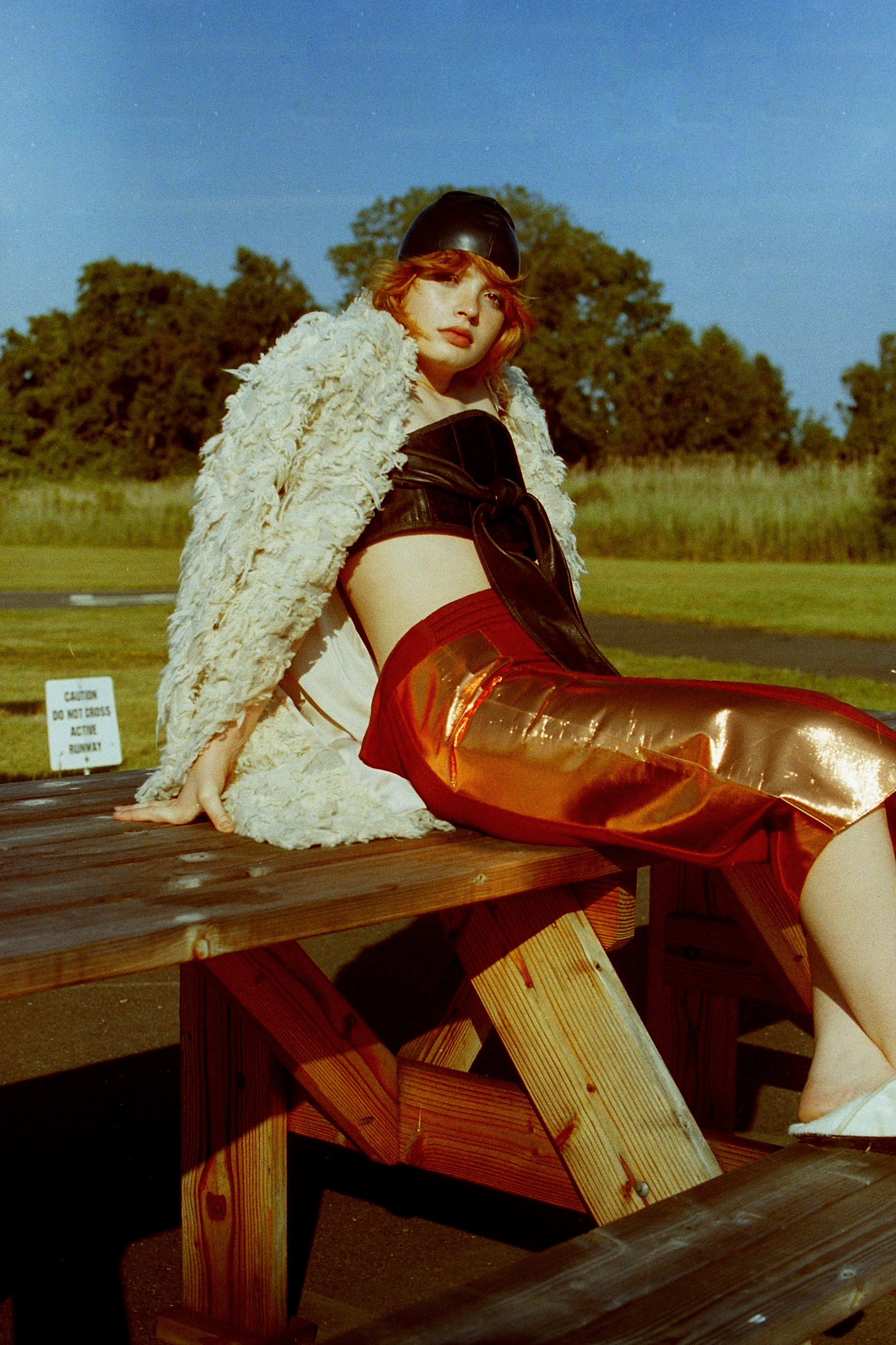 swim cap VINTAGE, jacket SCHAI , l eather + fur belt (worn as top) NICHOLAS K , trousers LINDY FOX , 