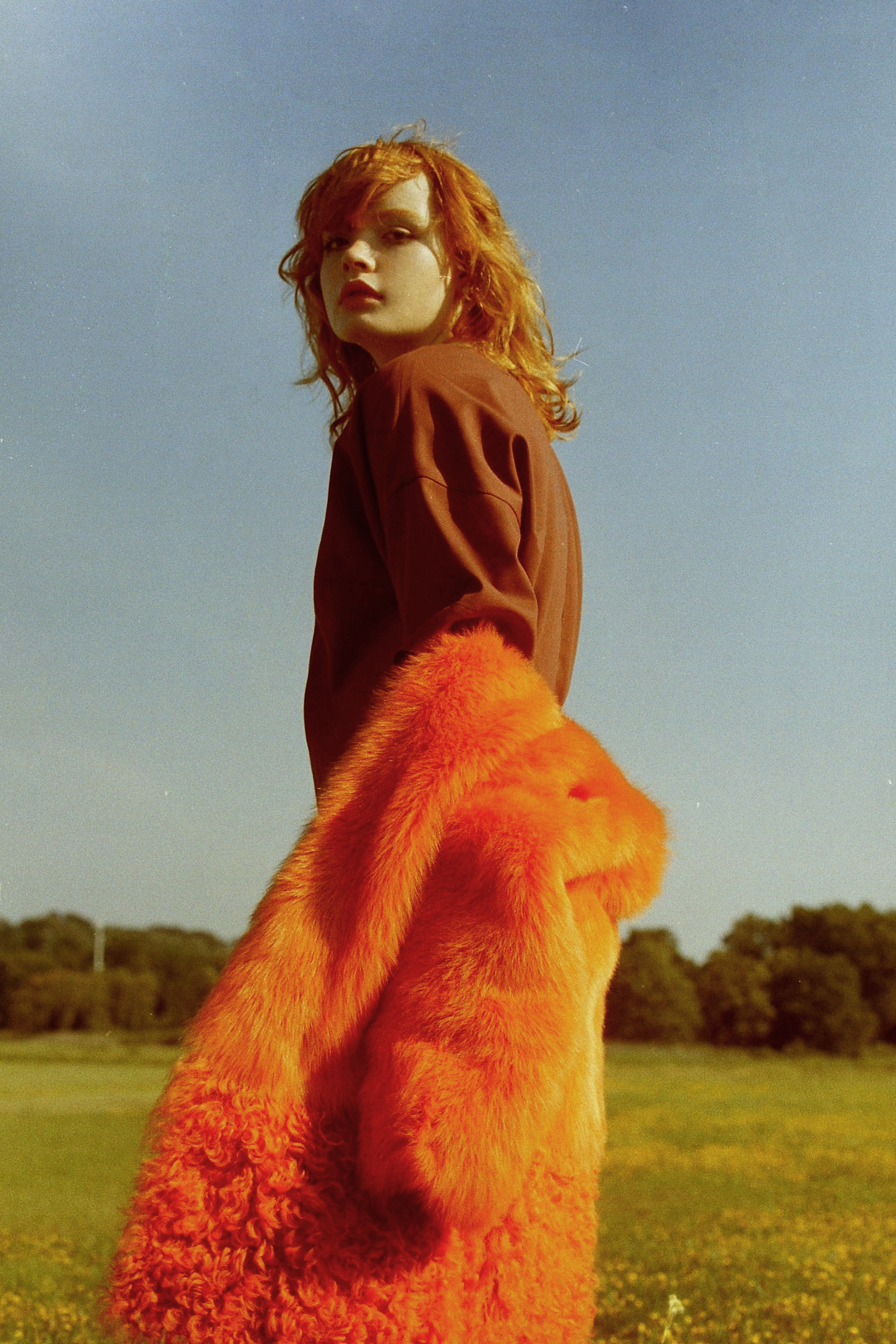 orange fur jacket PALOMA BARCELO , maroon dress SCHAI , shoes NICHOLAS K , ear cuffs DAISY DION