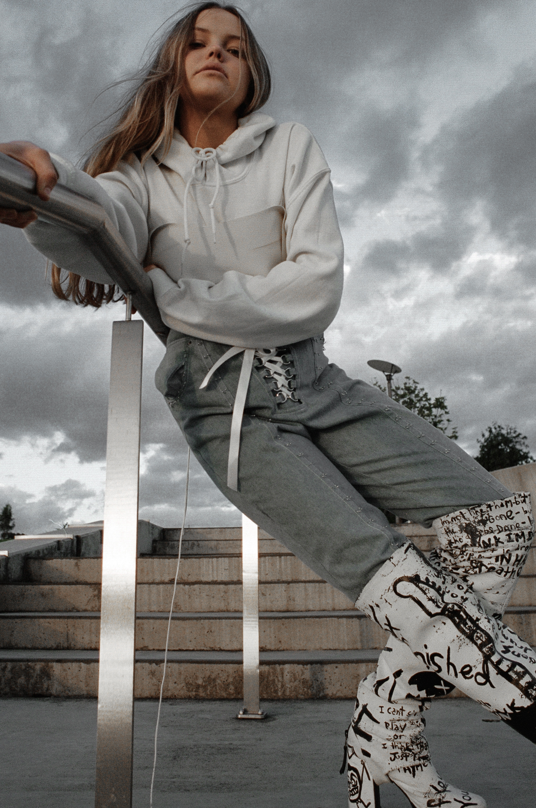 hoodie UPS, corset GABRIELLE GIBSON, trousers LUCY DICKINSON, boots STOLEN GIRLFRIENDS CLUB 