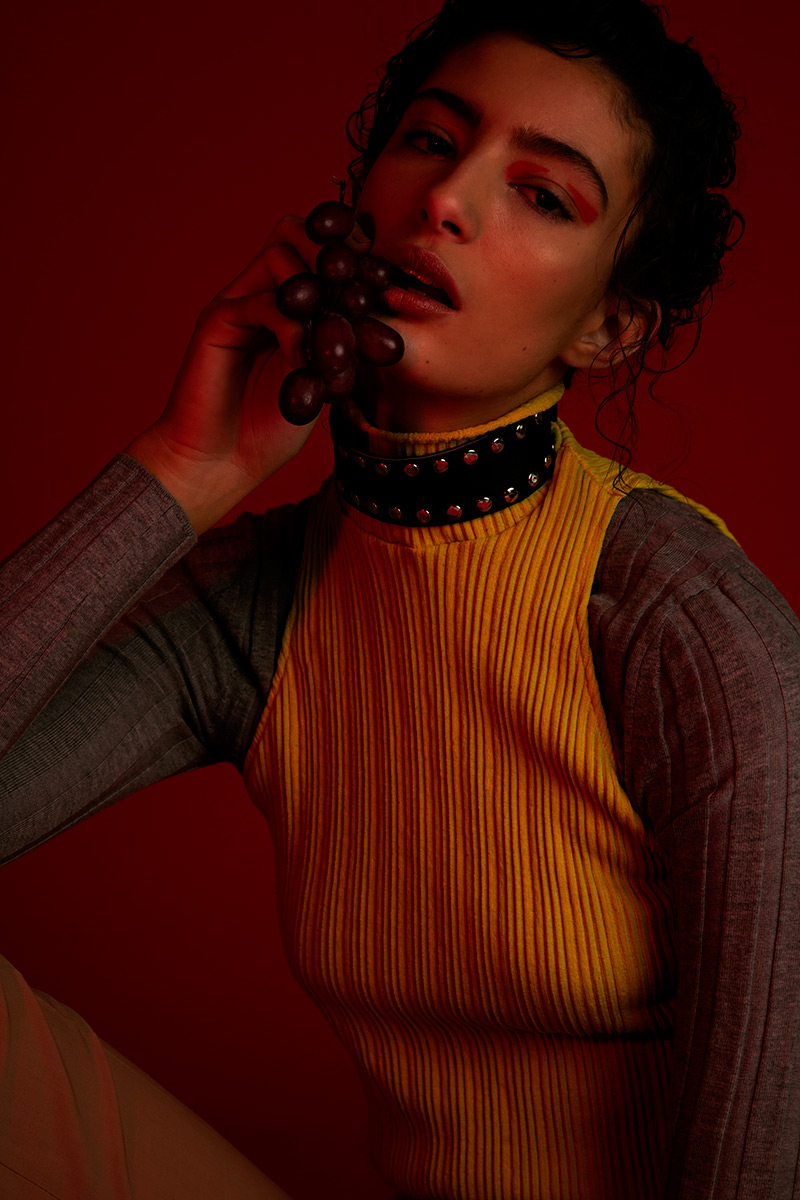 yellow top LIVIA ARENA , grey top ACNE STUDIOS , choker SOMETHING SHIT , trousers ACNE STUDIOS