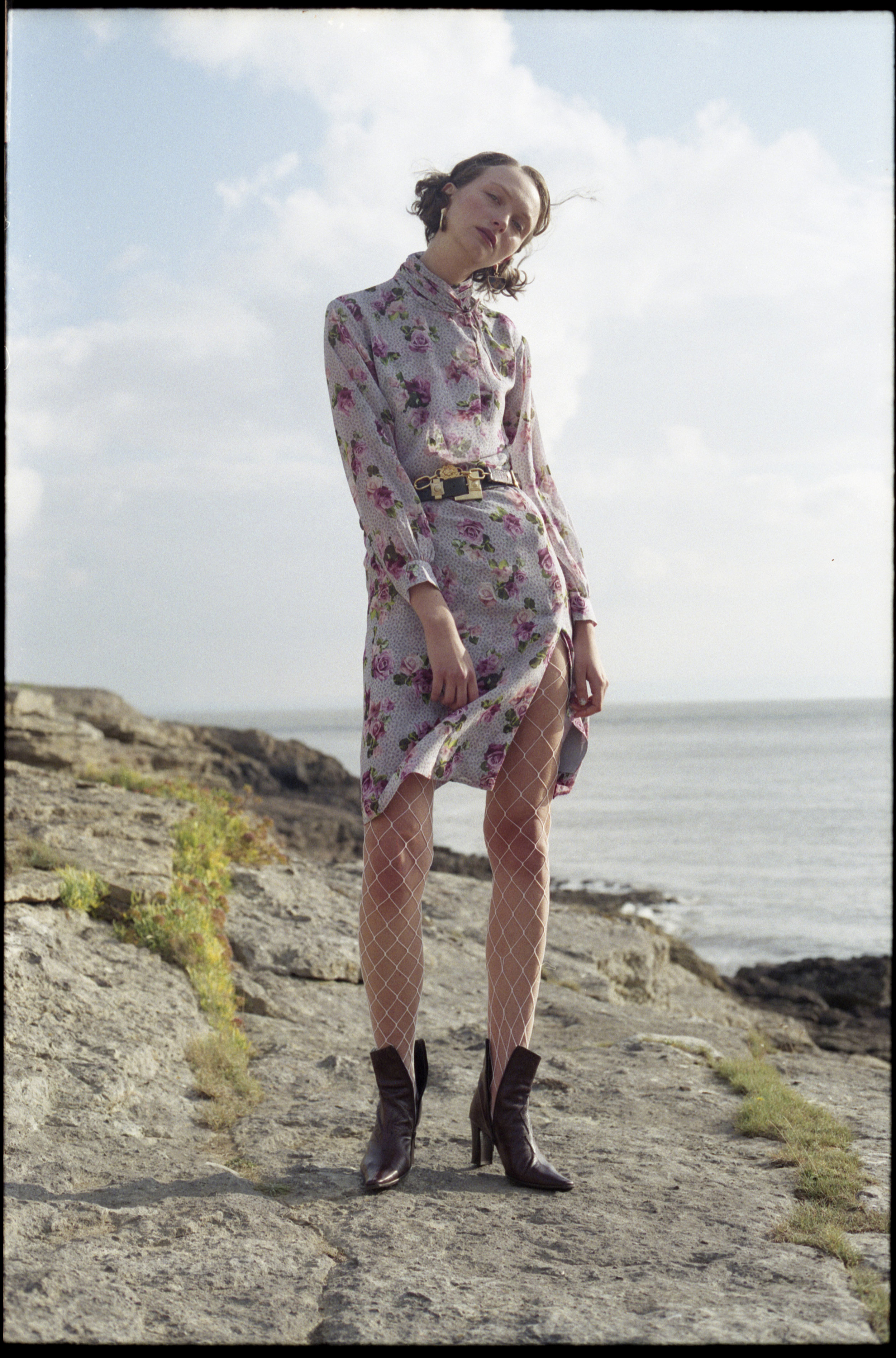 dress TOPSHOP UNIQUE , belts + boots VINTAGE, earrings TOPSHOP , fishnet tights STYLIST'S OWN