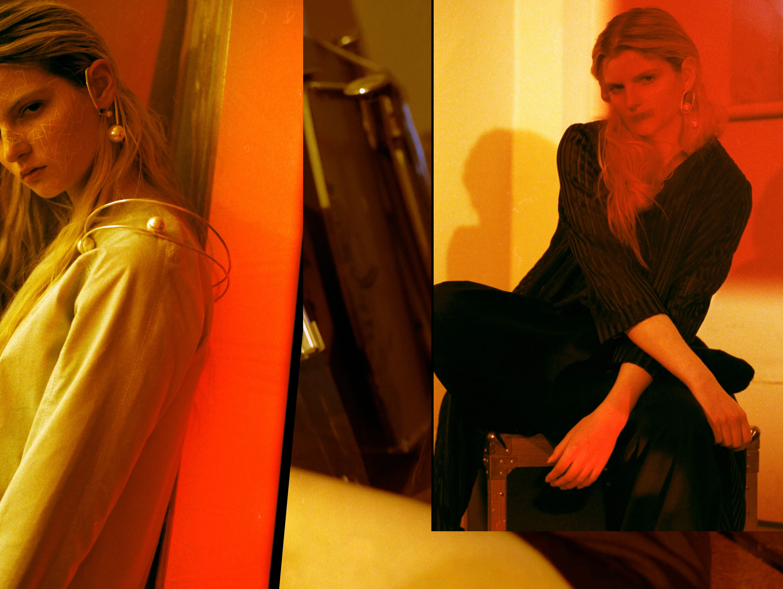 LEFT top JH ZANE, jewellery YIFAN GAO , RIGHT coat PAPER LONDON trousers JH ZANE, jewellery YIFAN GAO