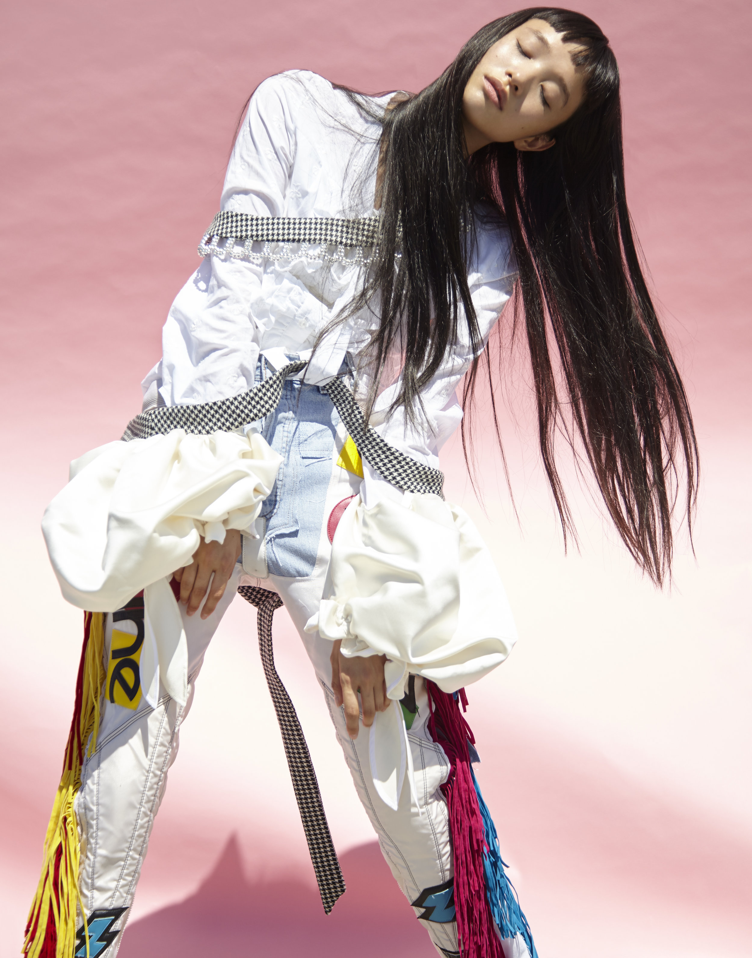 shirt S for SHOKO , puff sleeve accessory MIKIO SAKABE, leather + fringe trousers PETTERNS MAKER