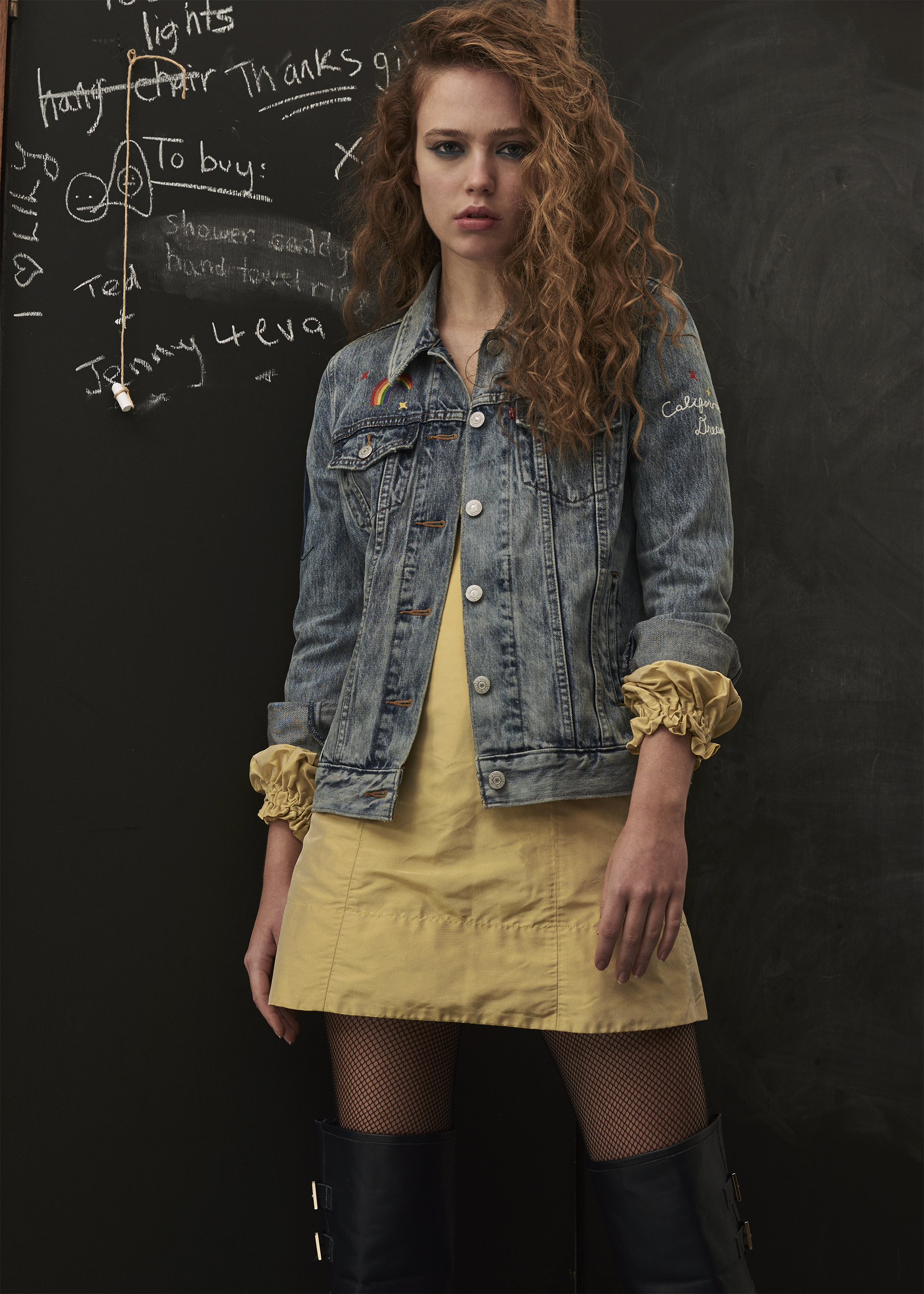 jacket LEVIS , dress MOLLY GODDARD, tights WOLFORD , boots RED VALENTINO , knickers MIMI HOLLIDAY