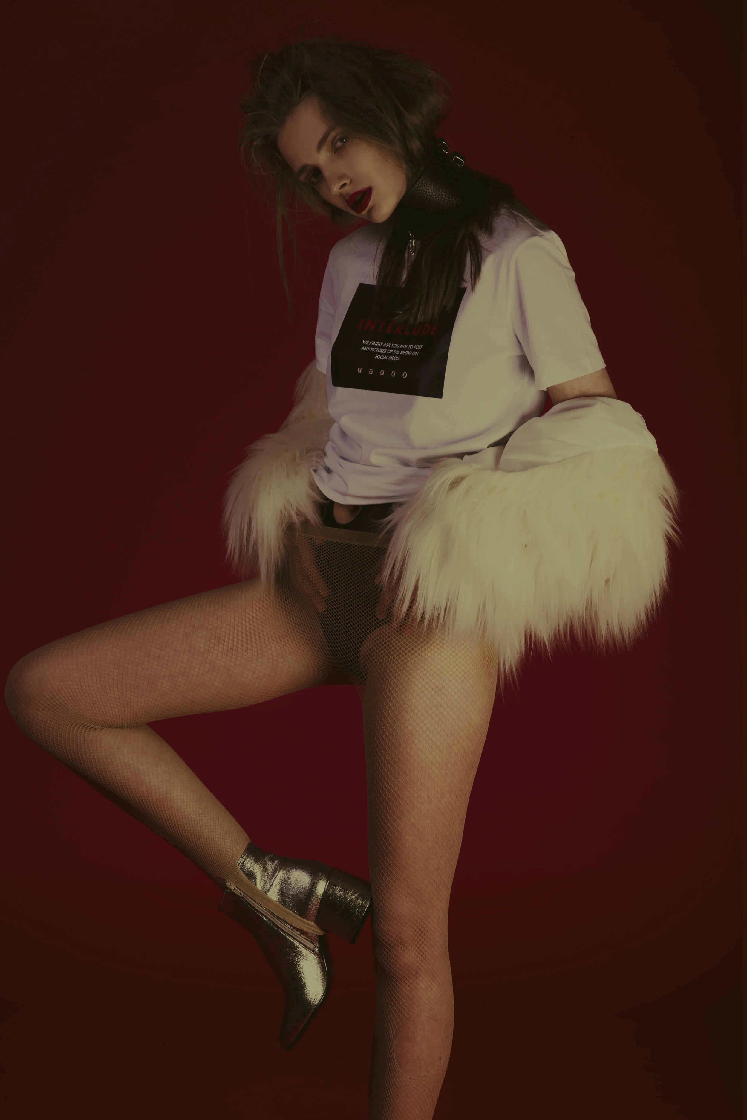 chocker BLING BLING BY ALISON BIZZI , faux fur GIAMBA , t-shirt MSGM, body INDIVIDUALS, shoes MM6 MAISON MARTIN MARGIELA