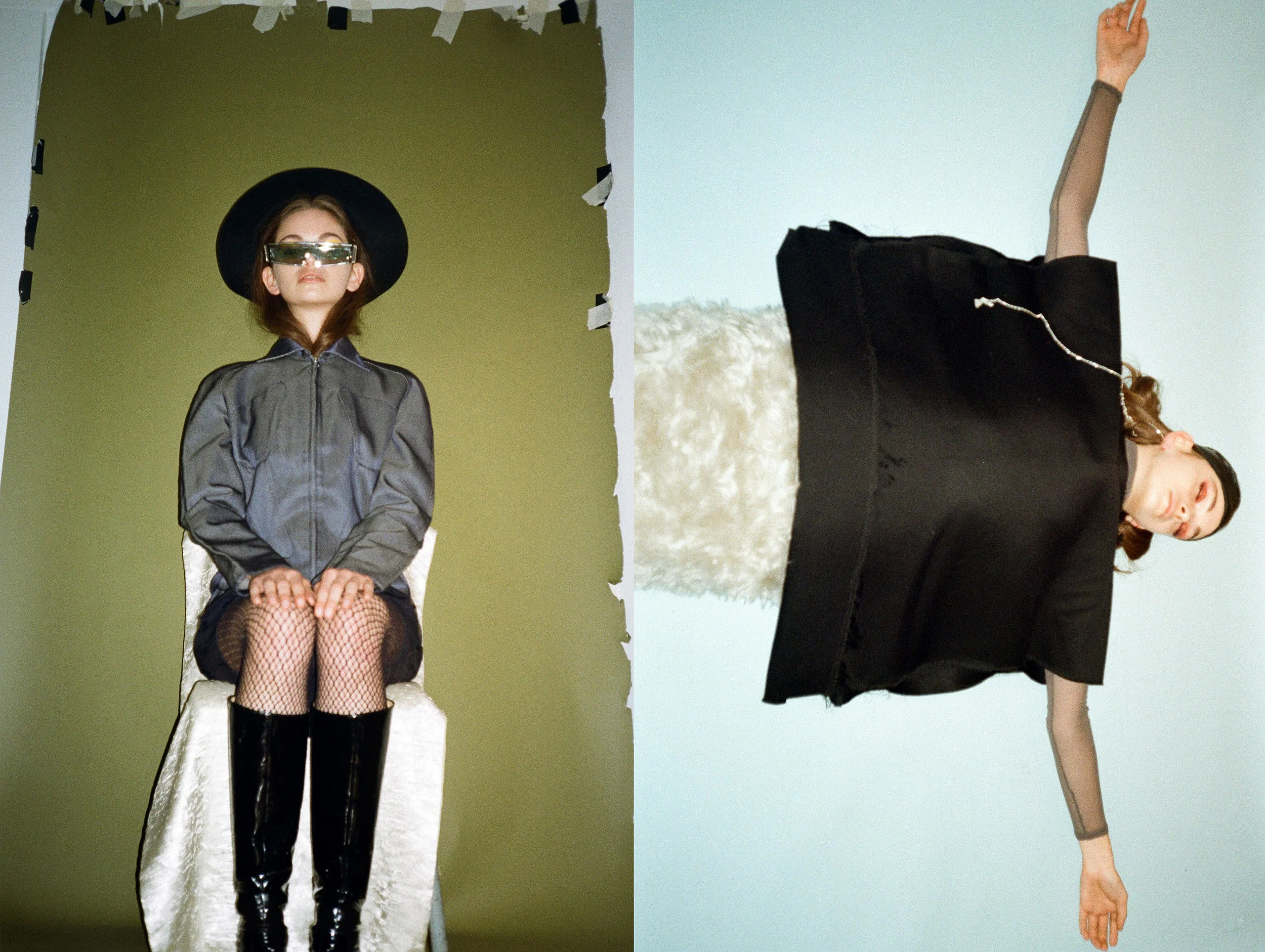 LEFT jacket MUGLER , boots FREELANCE, sunglasses OPENING CEREMONY , hat + stockings STYLIST'S OWN, RIGHT skirt + earring NEITH NYER, top AFTERHOMEWORK , turtleneck VINTAGE , swimming cap STYLIST'S OWN
