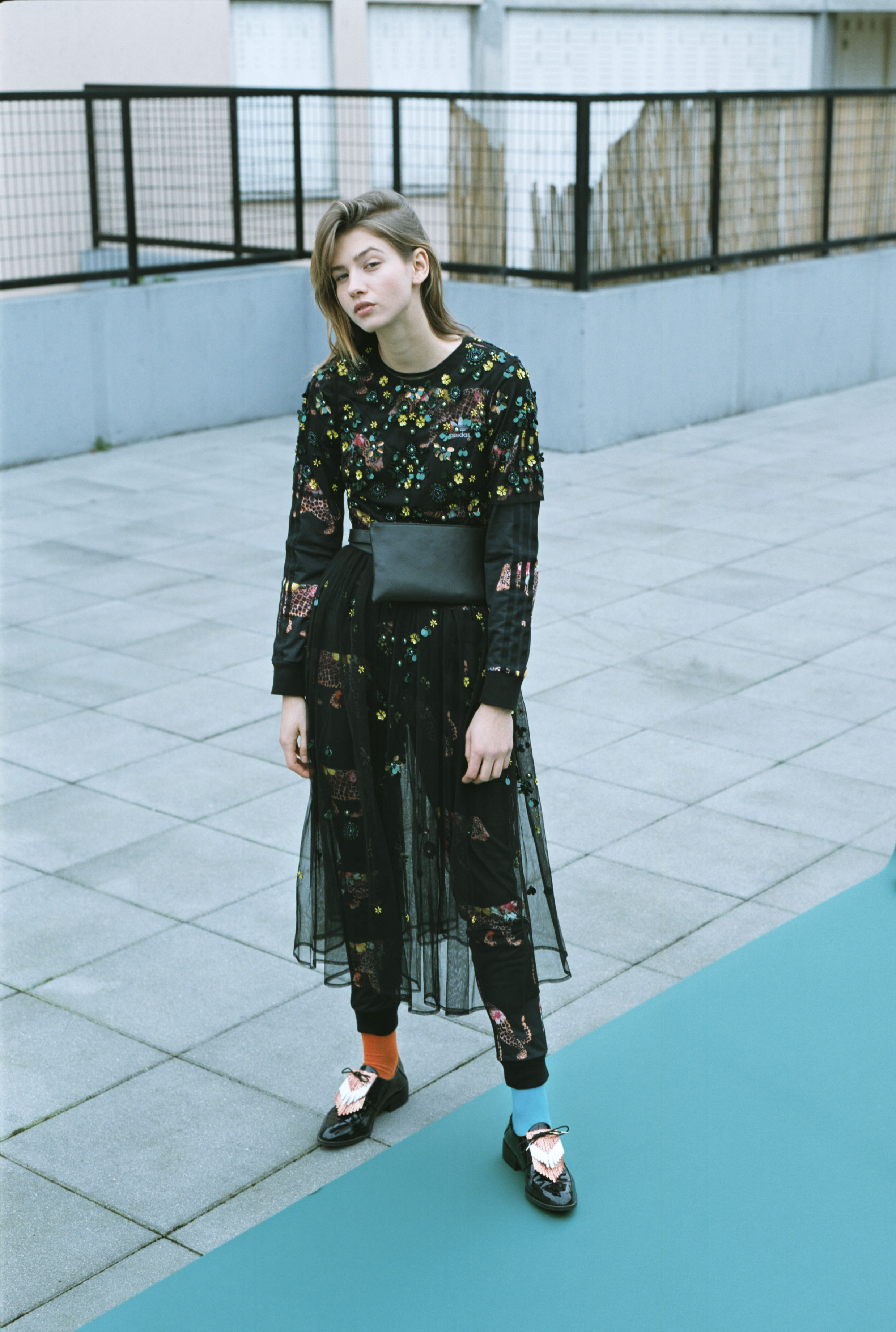 dress ASOS , sweater + pants ADIDAS, socks PIERE CARDIN, belt bag LA DÉBRAILLÉE shoes ZARA CUSTOMISED WITH RAOULLE ACCESSORIES