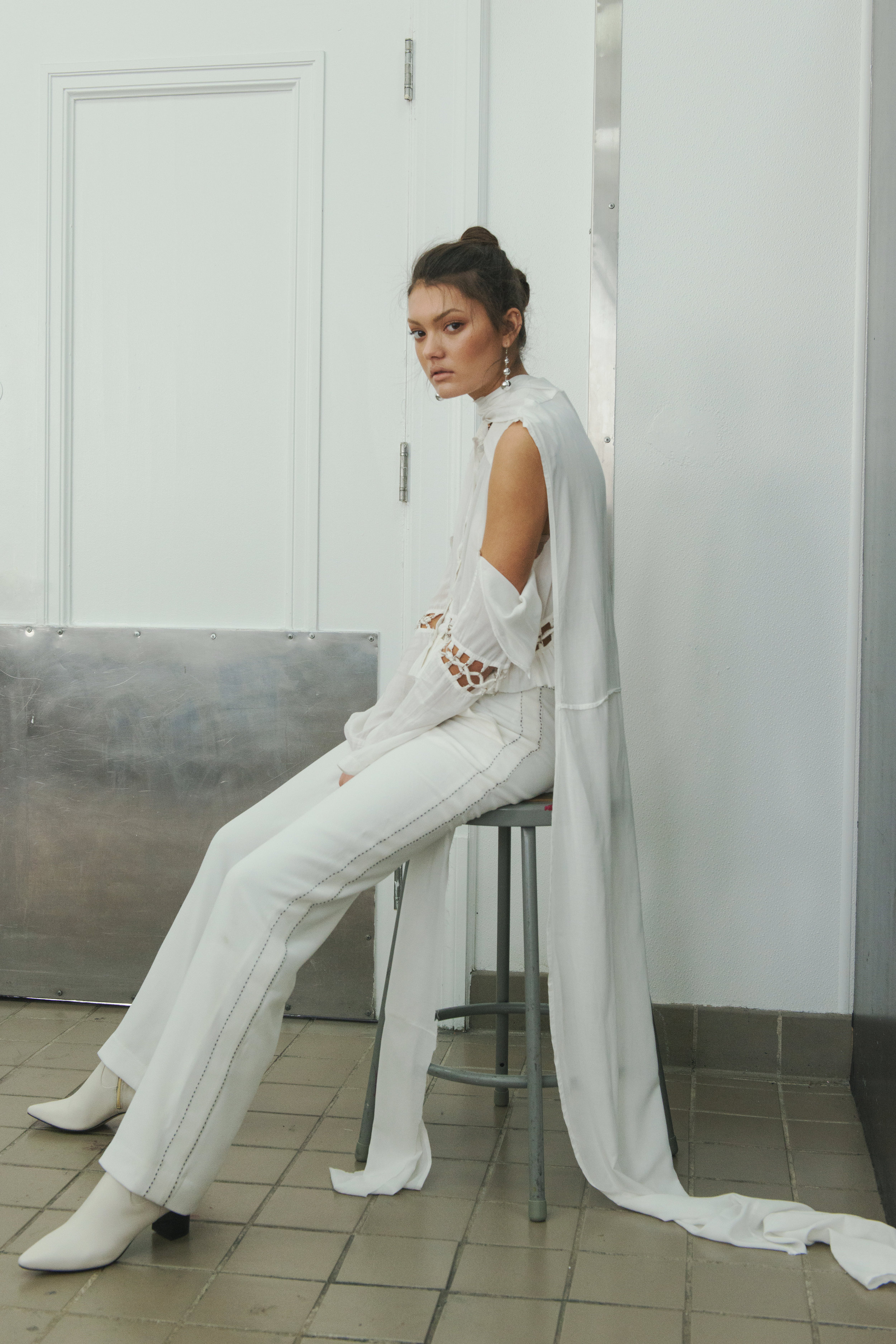 top VINTAGE, trousers HANLEY , boots CALVIN KLEIN , accessories STYLIST'S ARCHIVE