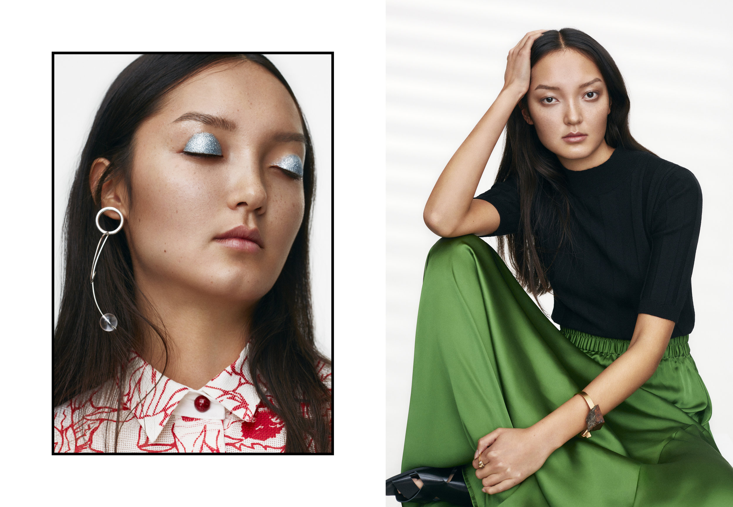 LEFT shirt BRITT SISSECK , earring SARA ROBERTSSON , RIGHT top LALA BERLIN , skirt BOOK, bracelet + ring MALIN HENNINGSSON , sandals HUDSON LONDON