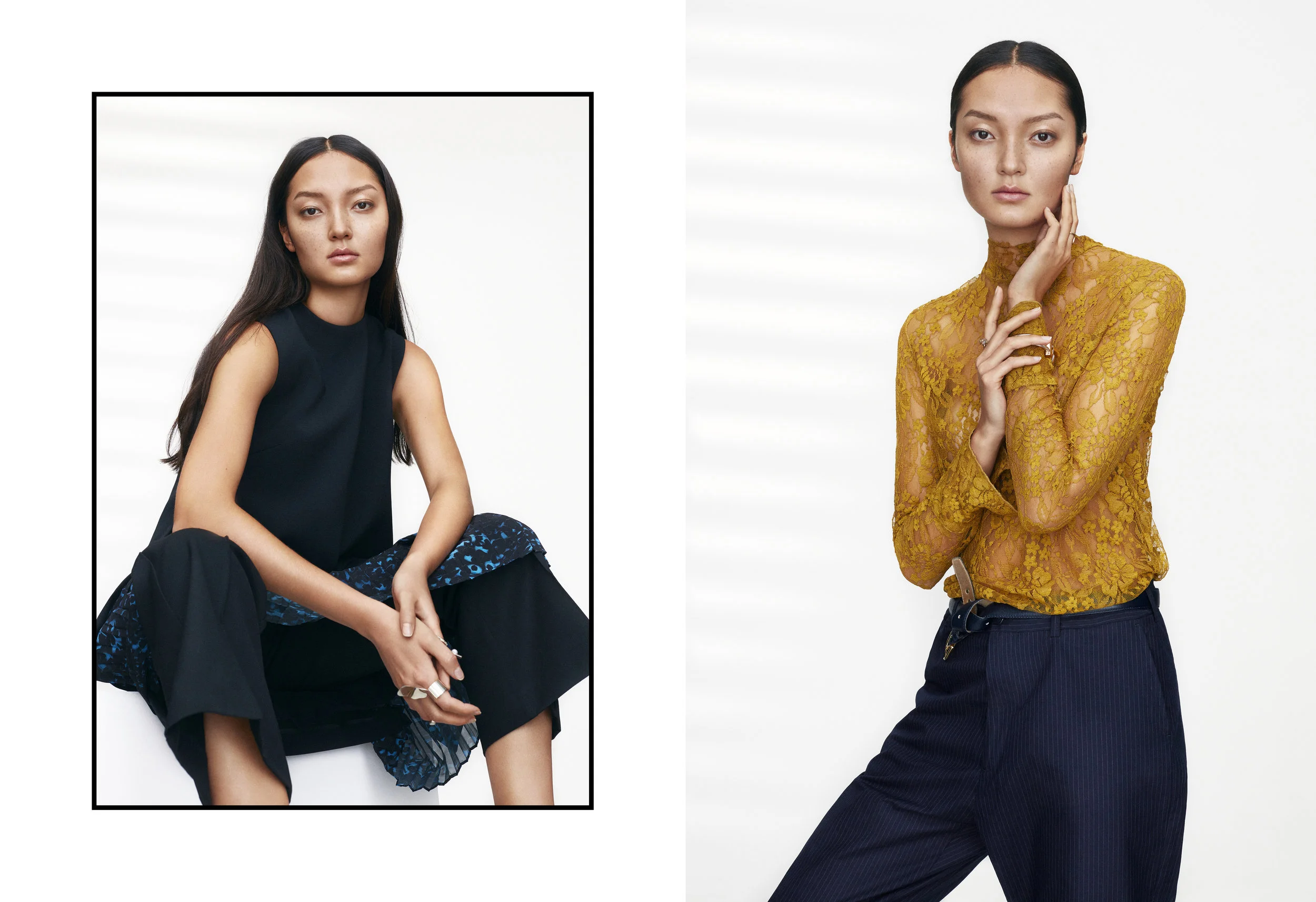 LEFT dress LALA BERLIN , trousers GRETA GRAM , rings SARA ROBERTSSON AND HOLPP, RIGHT top BAUM UND PFERDGARTEN , trousers F.A.S , bracelet LARA BOHNIC , ring MALIN HENNINGSSON , belt STYLIST'S OWN
