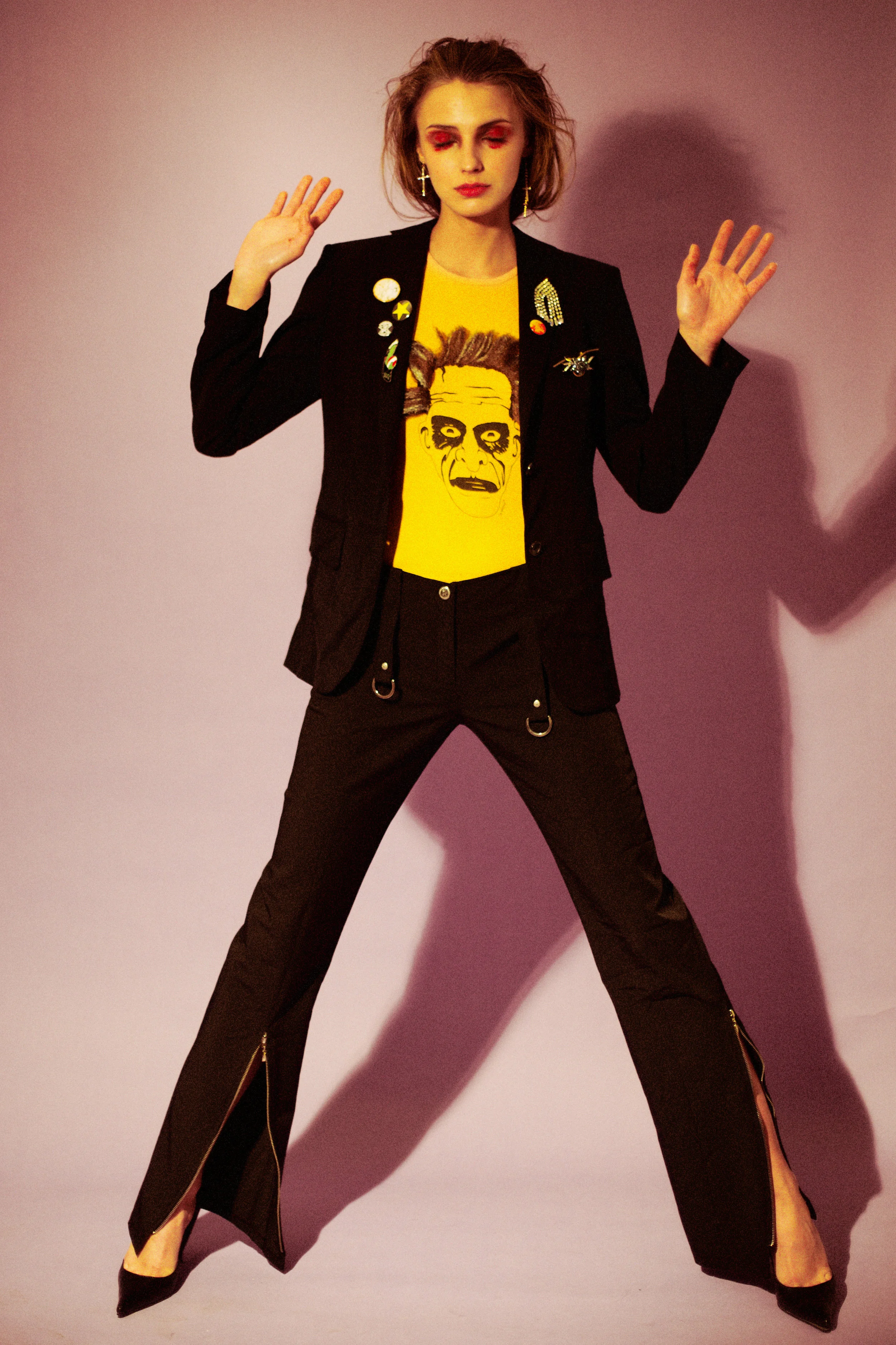 sartorial jacket, t-shirt + shoes STYLIST’S ARCHIVE, pants KENTE’, earrings + pins STYLIST’S ARCHIVE 