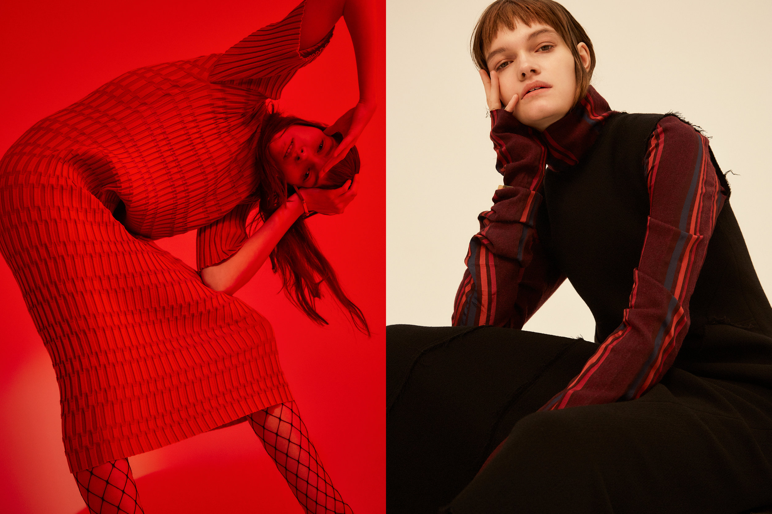 LEFT red textured dress JOSEPH , fishnet tights WOLFORD , gold bangle MIANSAI, RIGHT striped long sleeve top + black textured dress HAIZHEN WANG