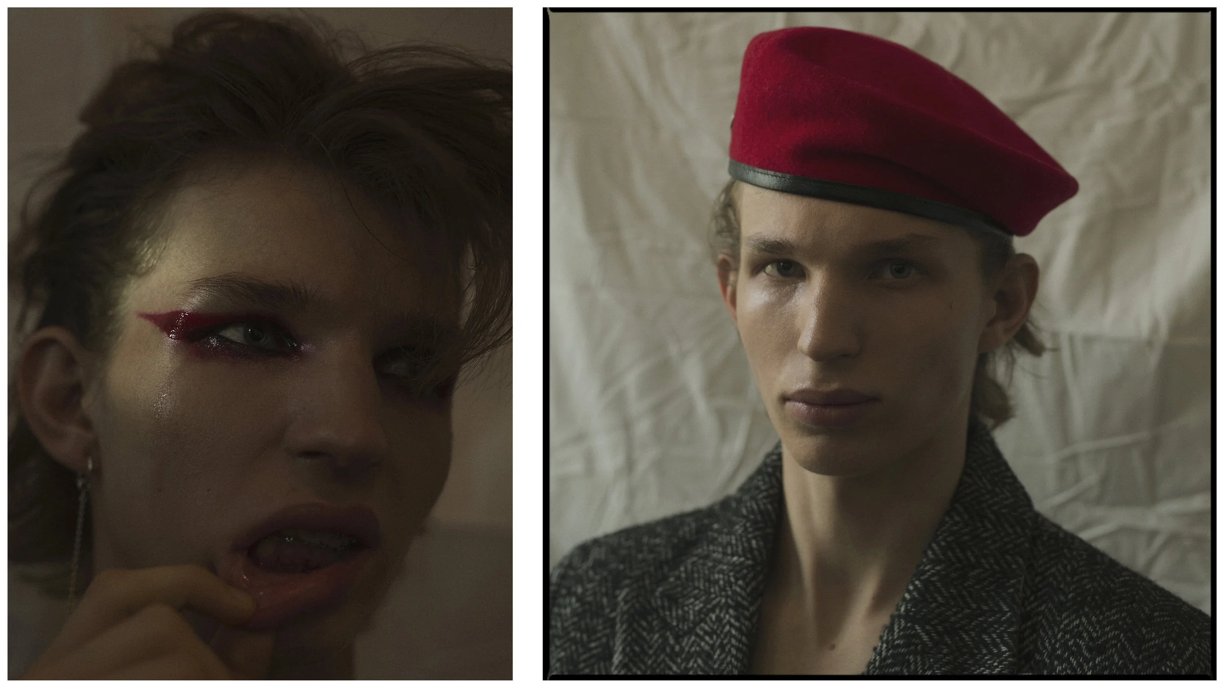 model OLLIE KULDASAAR , RIGHT coat ANDERSSON BELL , hat DON PARIS