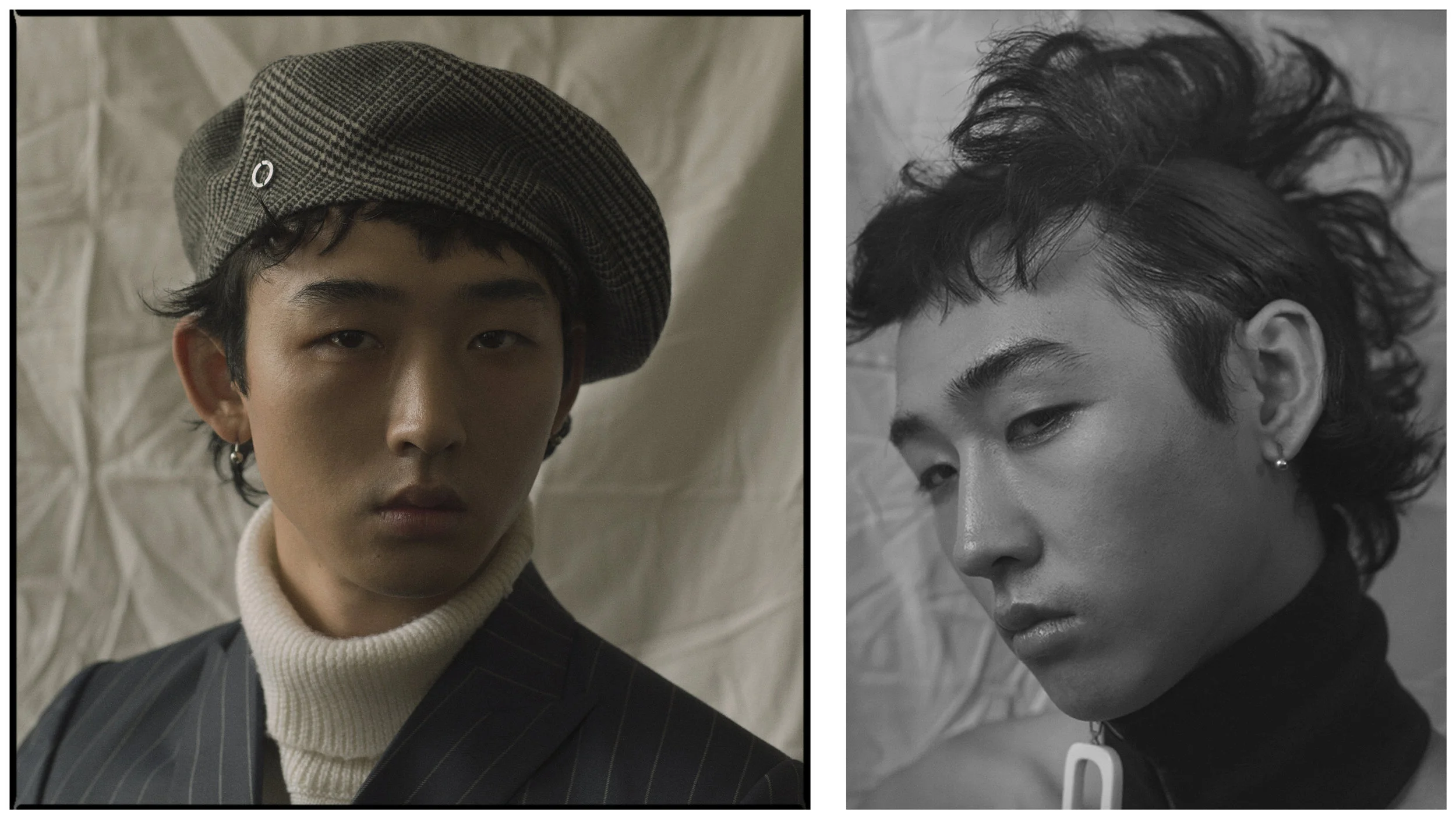 model TSUBASA SATOU , jacket RIVES , turtleneck ROSSIGNOL APPAREL hat DON PARIS , neckband JW ANDERSON 