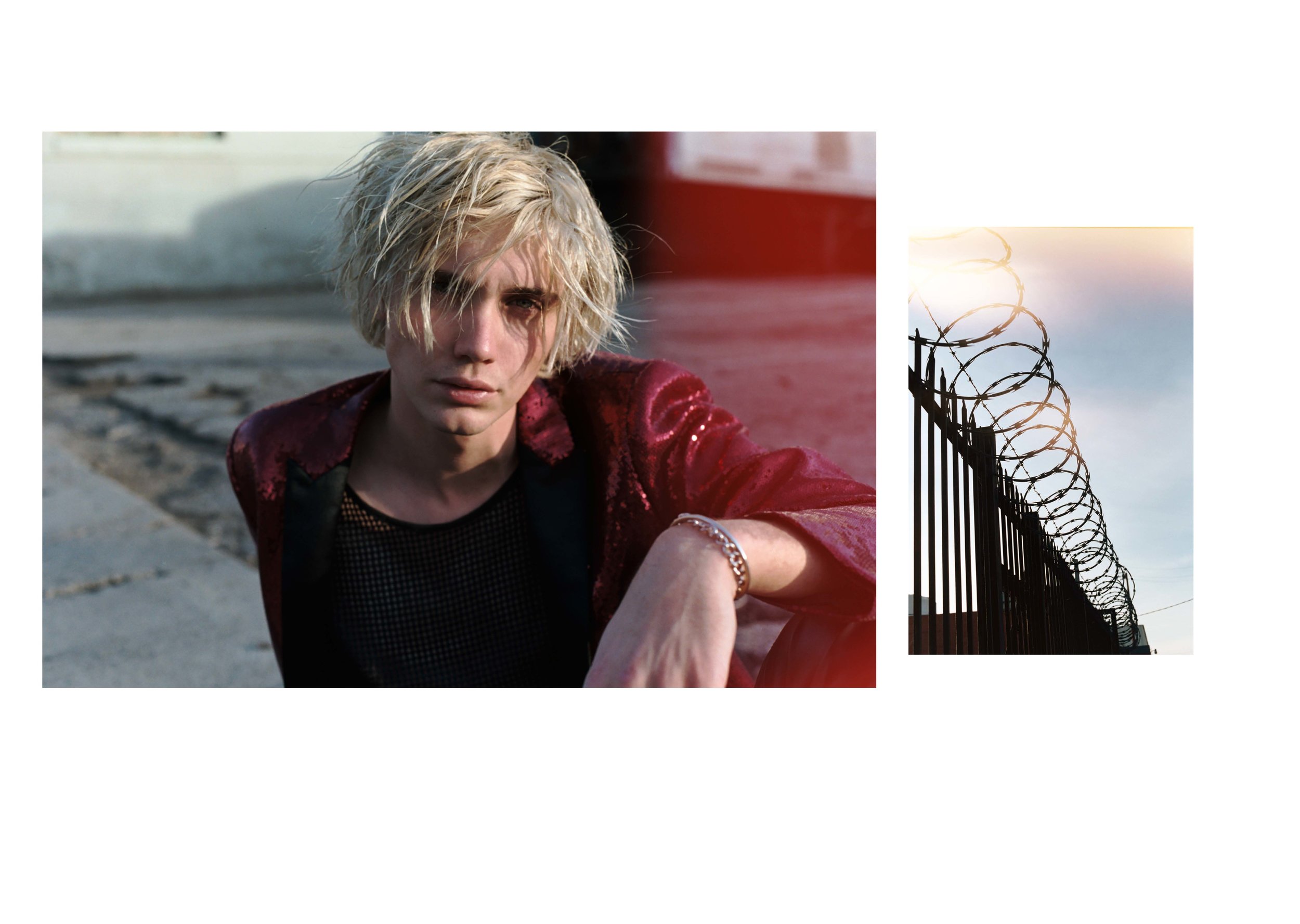 blazer DQUARED2 , top ANN DEMEULEMEESTER , trousers SAINT LAURENT , shoes J.LINDEBERG , accessories ALEXANDER MCQUEEN