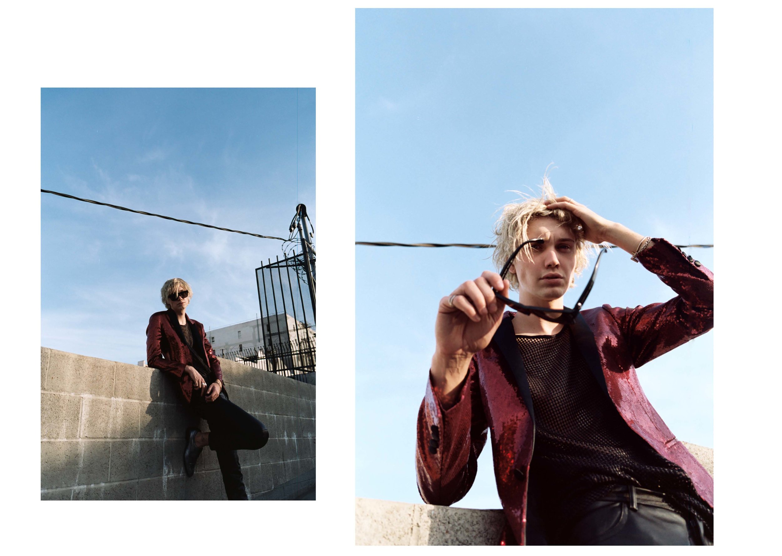 blazer DQUARED2 , top ANN DEMEULEMEESTER , trousers SAINT LAURENT , shoes J.LINDEBERG , accessories ALEXANDER MCQUEEN