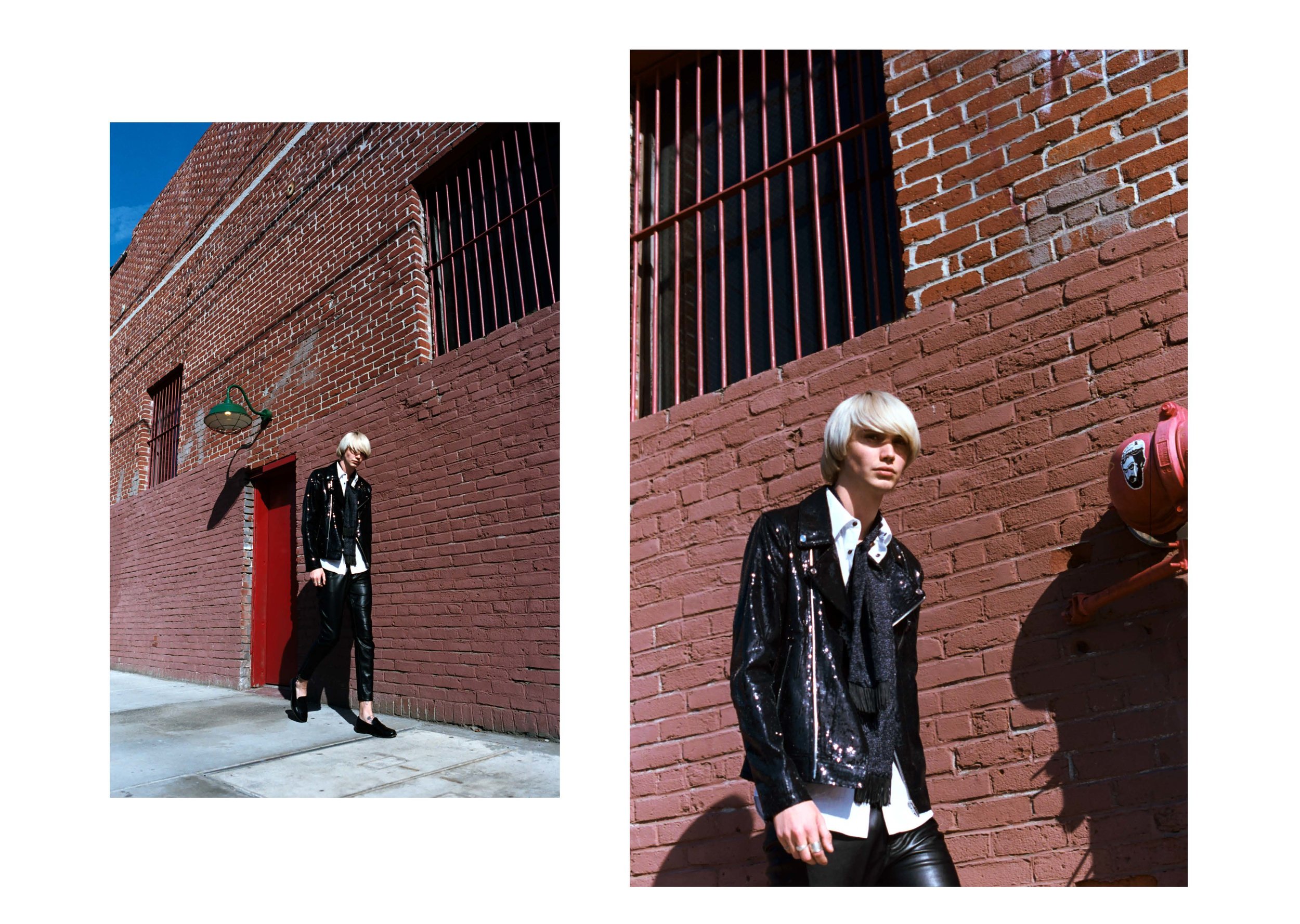 jacket ASHISH , trousers BLK DNM , shirt + scarf THE KOOPLES , shoes SAINT LAURENT , 