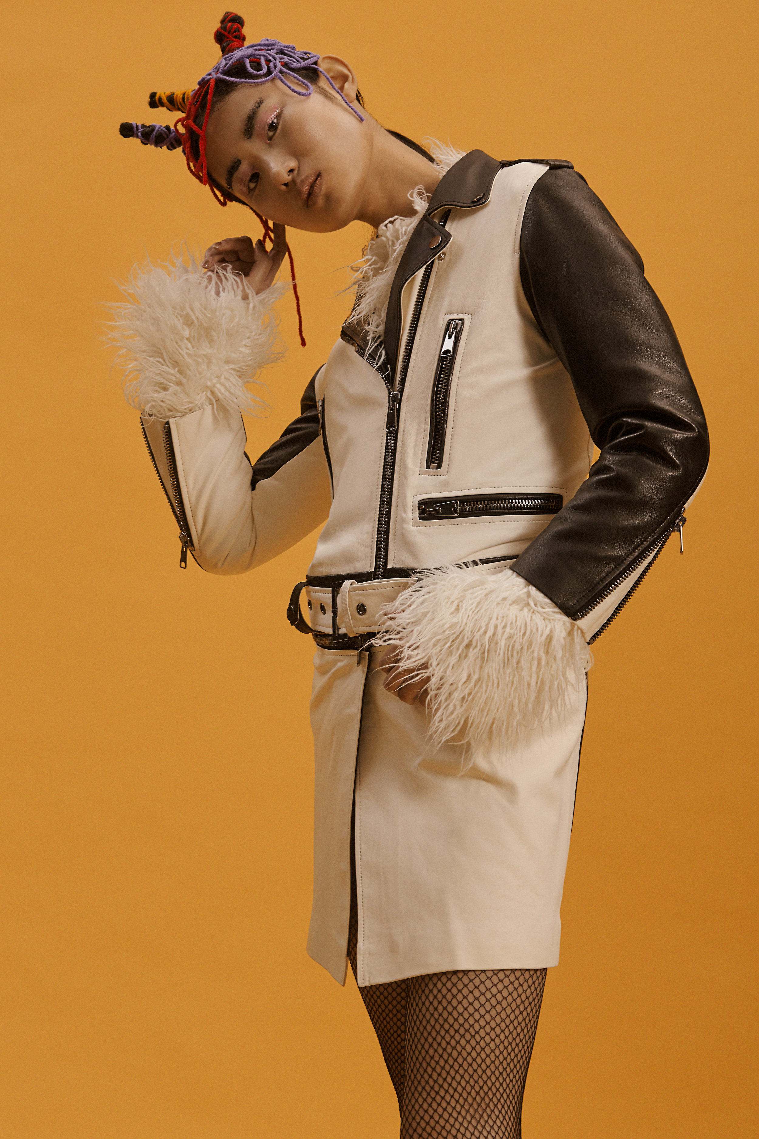 long leather jacket OUTKASTPEOPLE furry top NATALIE KOLYOZYAN