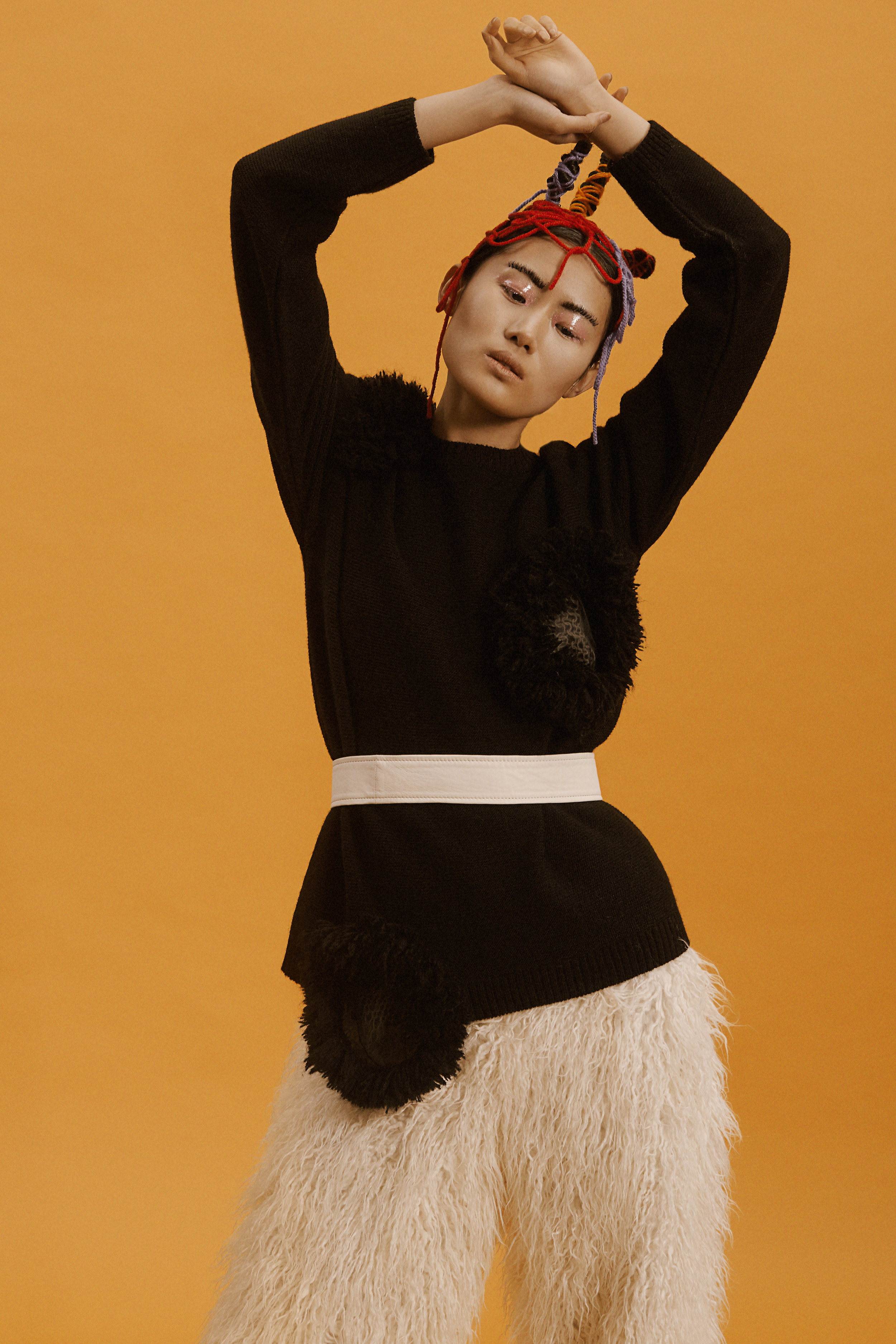 knitted top + furry trousers NATALIE KOLYOZYAN, boots EDITOR'S OWN
