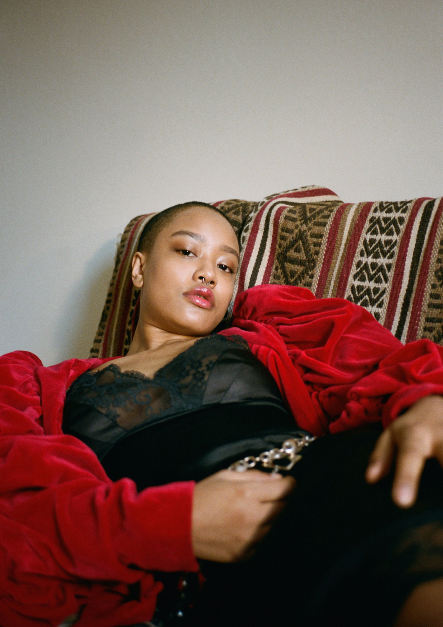 slip dress + belt BEYOND RETRO, ruffle jacket STYLIST'S OWN