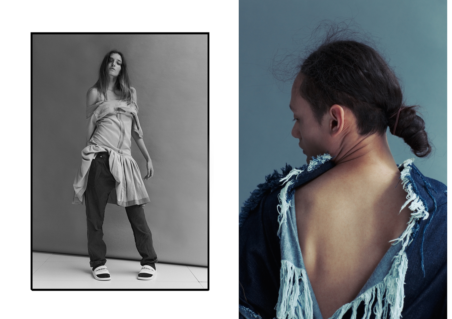 LEFT dress BASIC MOVEMENT, pants WRANGLER, socks STYLIST'S OWN, slides ADIDAS, RIGHT denim coat YVES CAMINGUE