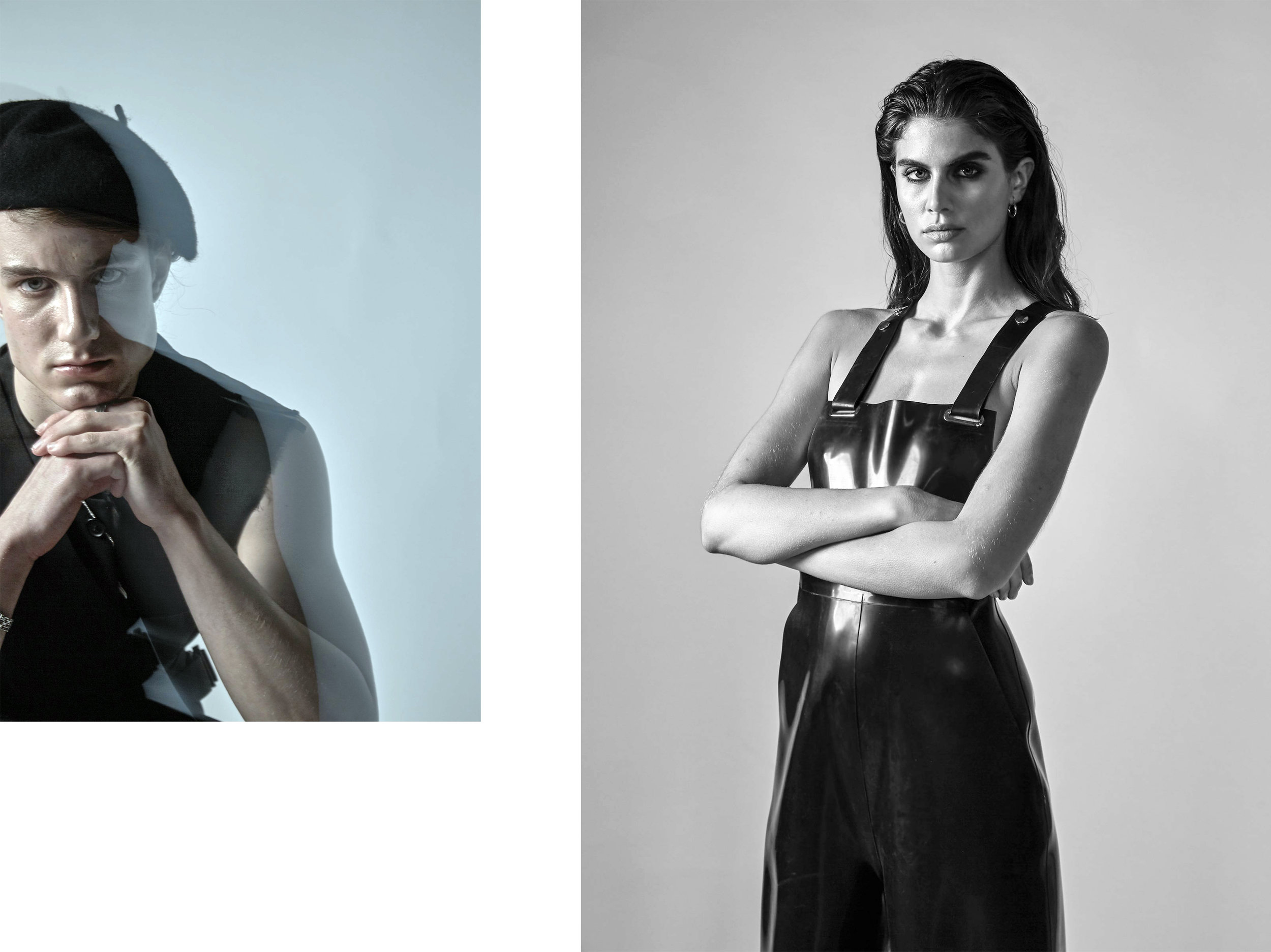 LEFT beret VINTAGE, jacket ANTONIO VATTEV , latex dungarees HANGER INC