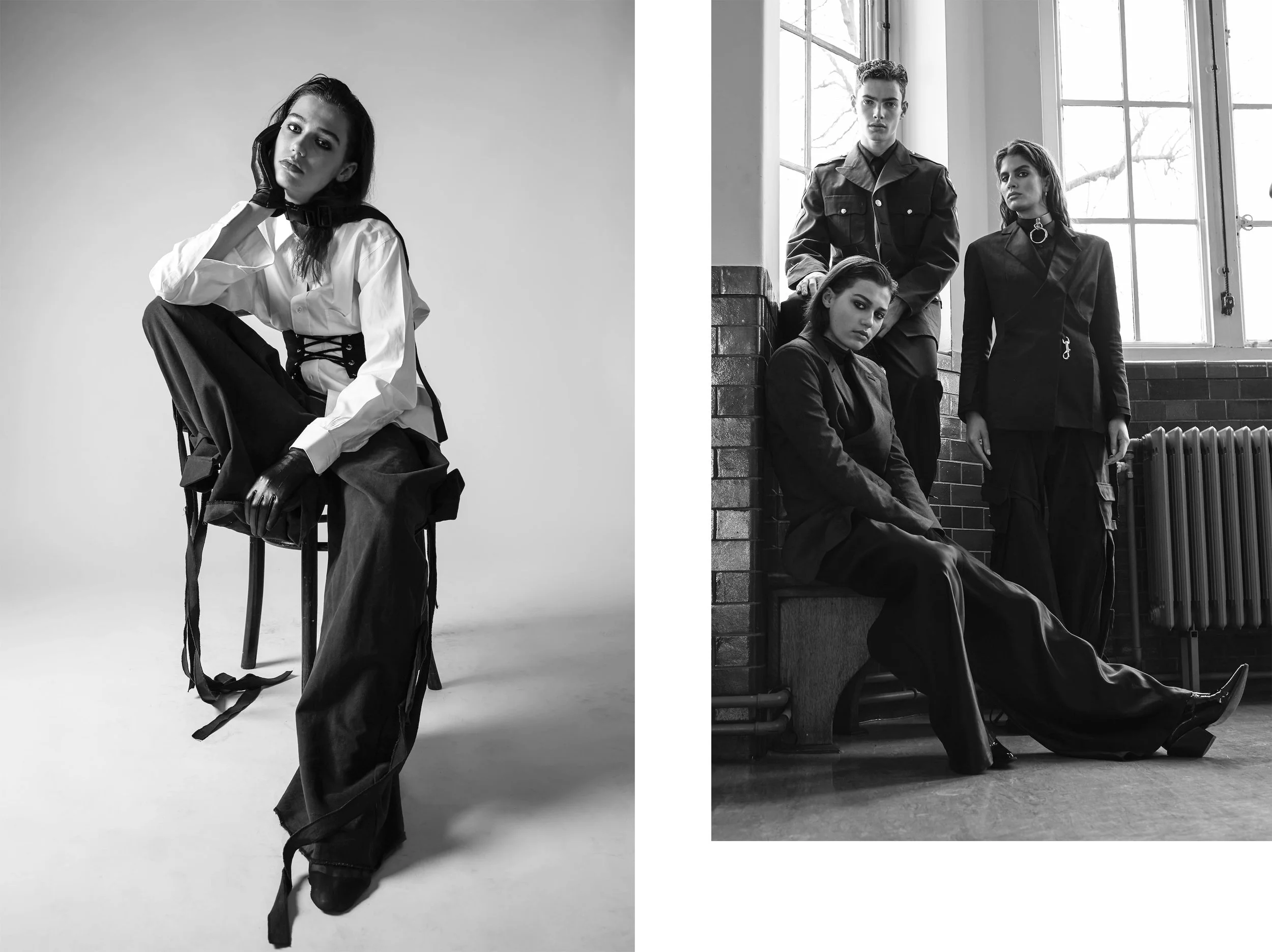 LEFT image shirt COS, corset + gloves STYLIST'S OWN, trousers ANTONIO VATTEV , RIGHT image LEFT jacket + top ANTONIO VATTEV , trousers HANGER INC , boots STYLIST'S OWN, middle shirt VINTAGE, jacket ROKIT trousers ANTONIO VATTEV , RIGHT jacket + trousers ANTONIO VATTEV , chocker UNDERGROUND