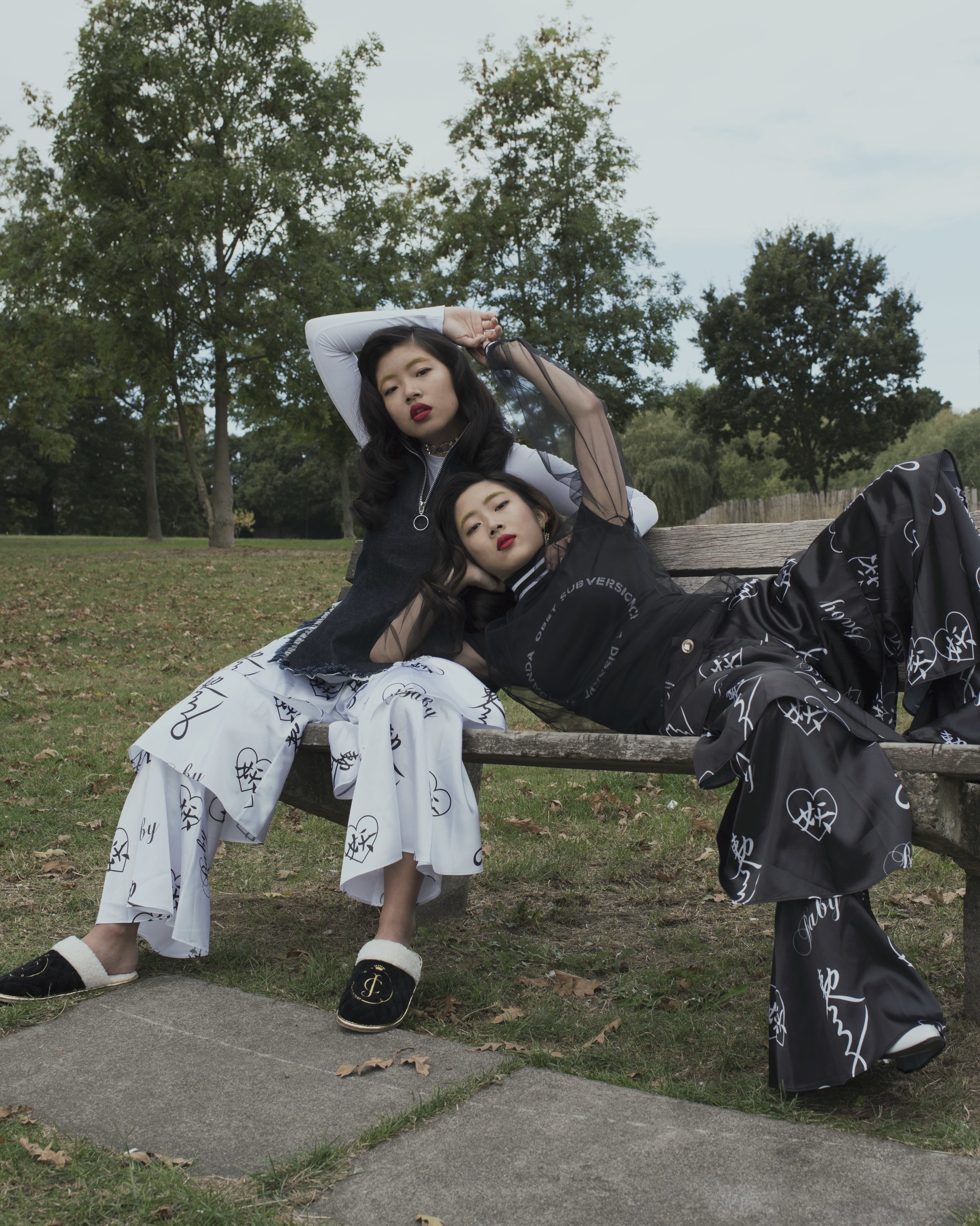 Yan wears trousers IRENE SJ YU , shoes SOL SANA , t-shirt OBEY , top MOTHER OF PEARL , earring LINJING PENG Joey wears slippers JUICY COUTURE , socks STANCE , trousers IRENE SJ YU , top MARQUES ALMEIDA , choker VINTAGE