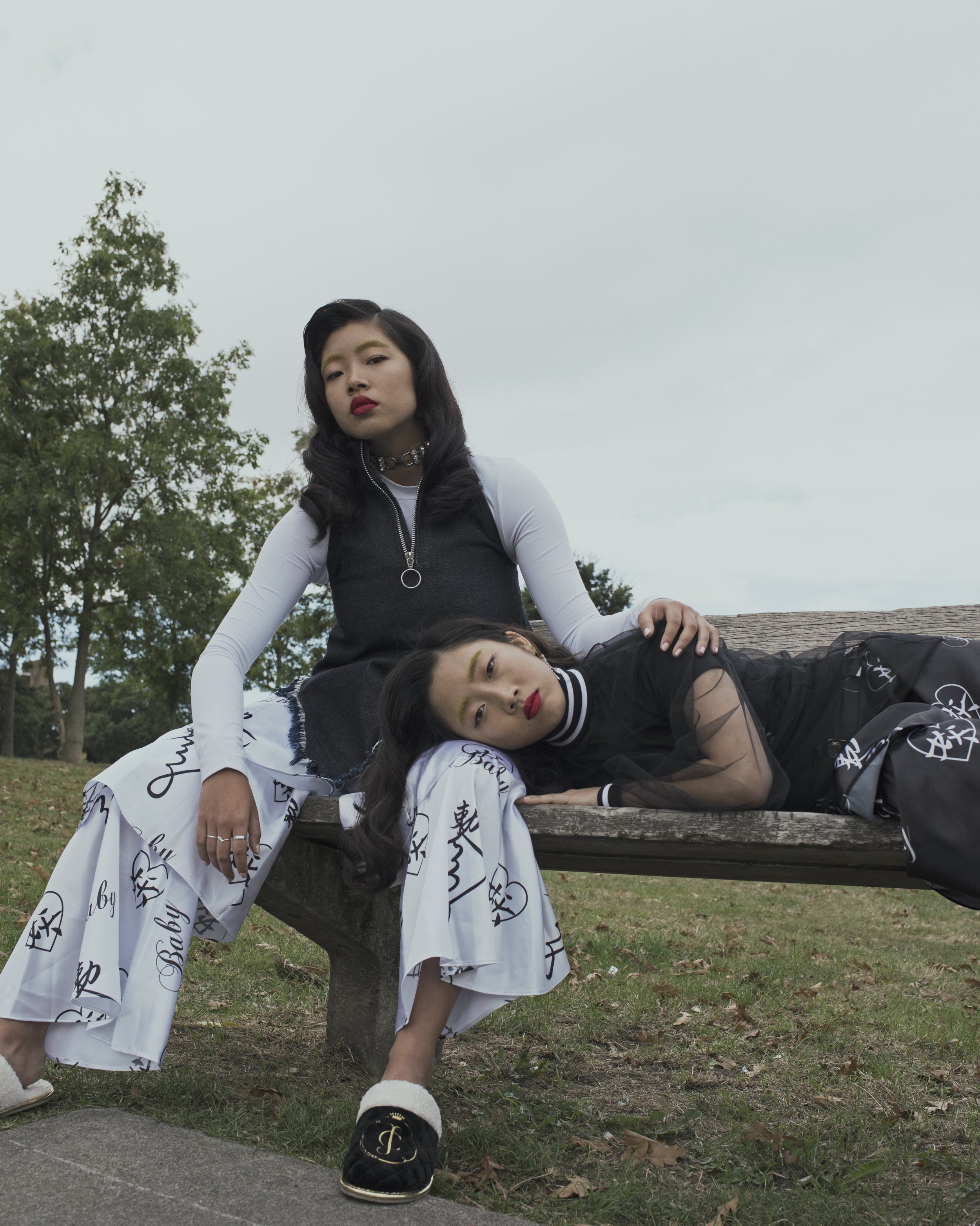 Yan wears trousers IRENE SJ YU , shoes SOL SANA , t-shirt OBEY , top MOTHER OF PEARL , earring LINJING PENG Joey wears slippers JUICY COUTURE , socks STANCE , trousers IRENE SJ YU , top MARQUES ALMEIDA , choker VINTAGE