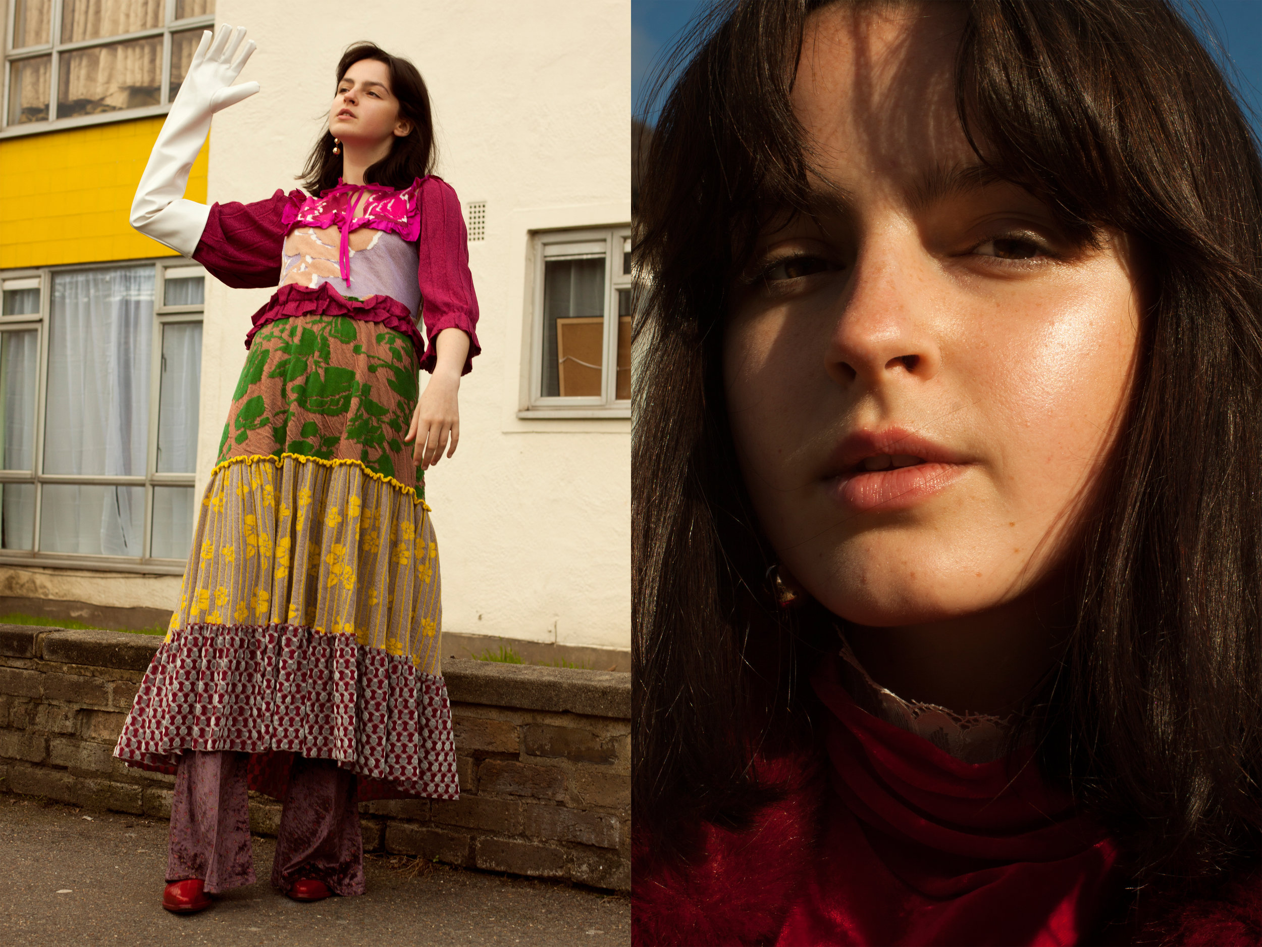 left dress + trousers ASHLEY KANG , shoes ALYX , earrings GEORG JENSEN , gloves STYLIST’S OWN right blouse PHILOSOPHY DI LORENZO SERAFINI , top ISABEL MARANT ETOILE , earrings GEORG JENSEN