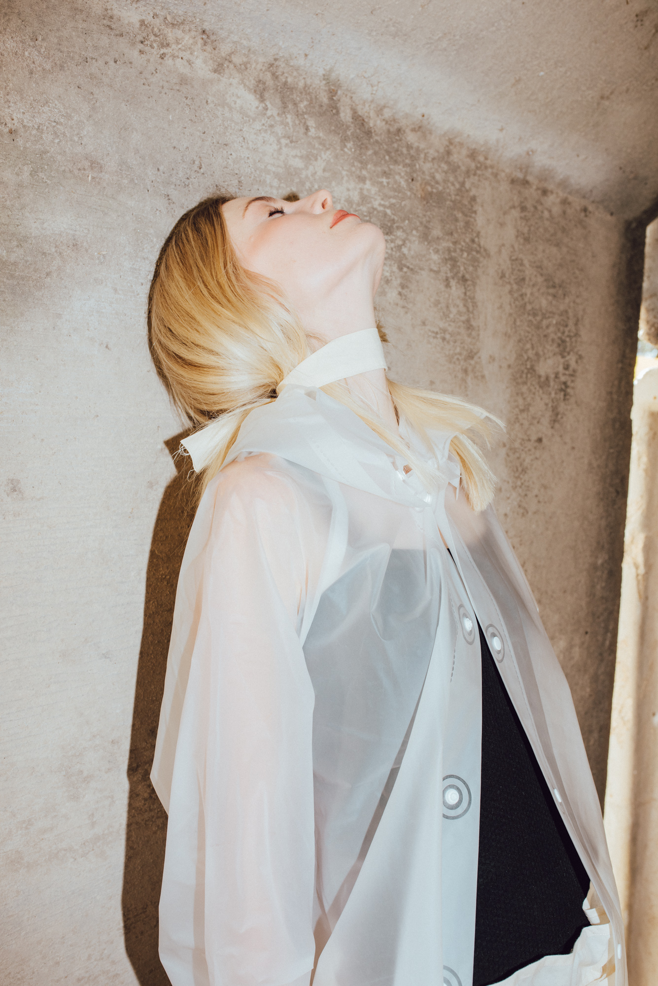 neck piece + body-suit + trousers BEING APPAREL , raincoat MUJI