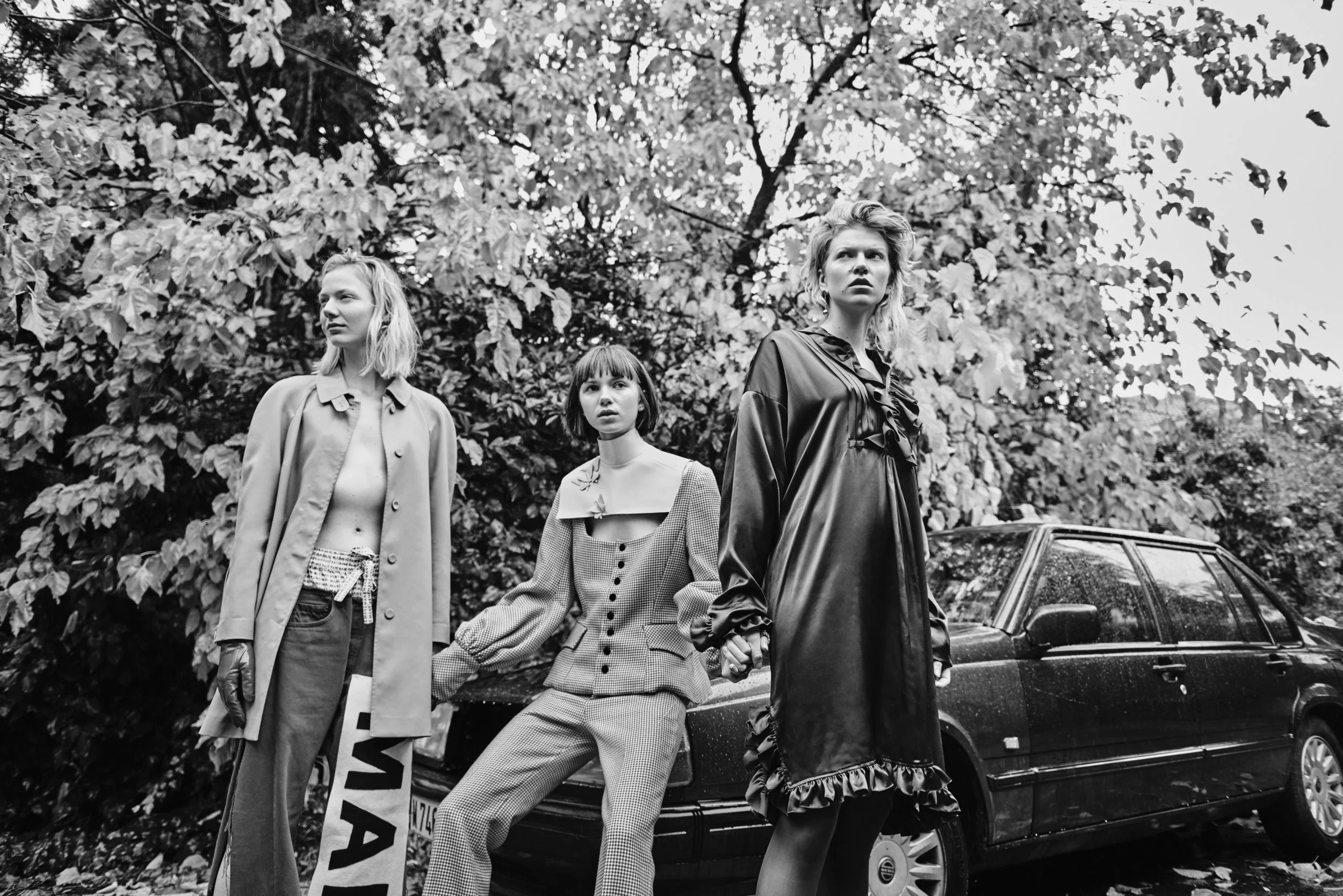 LEFT coat BALENCIAGA , trousers MANE MANE STUDIO , MIDDLE collar DEL POZO , suit PALOMO SPAIN , RIGHT dress MANE MANE STUDIO