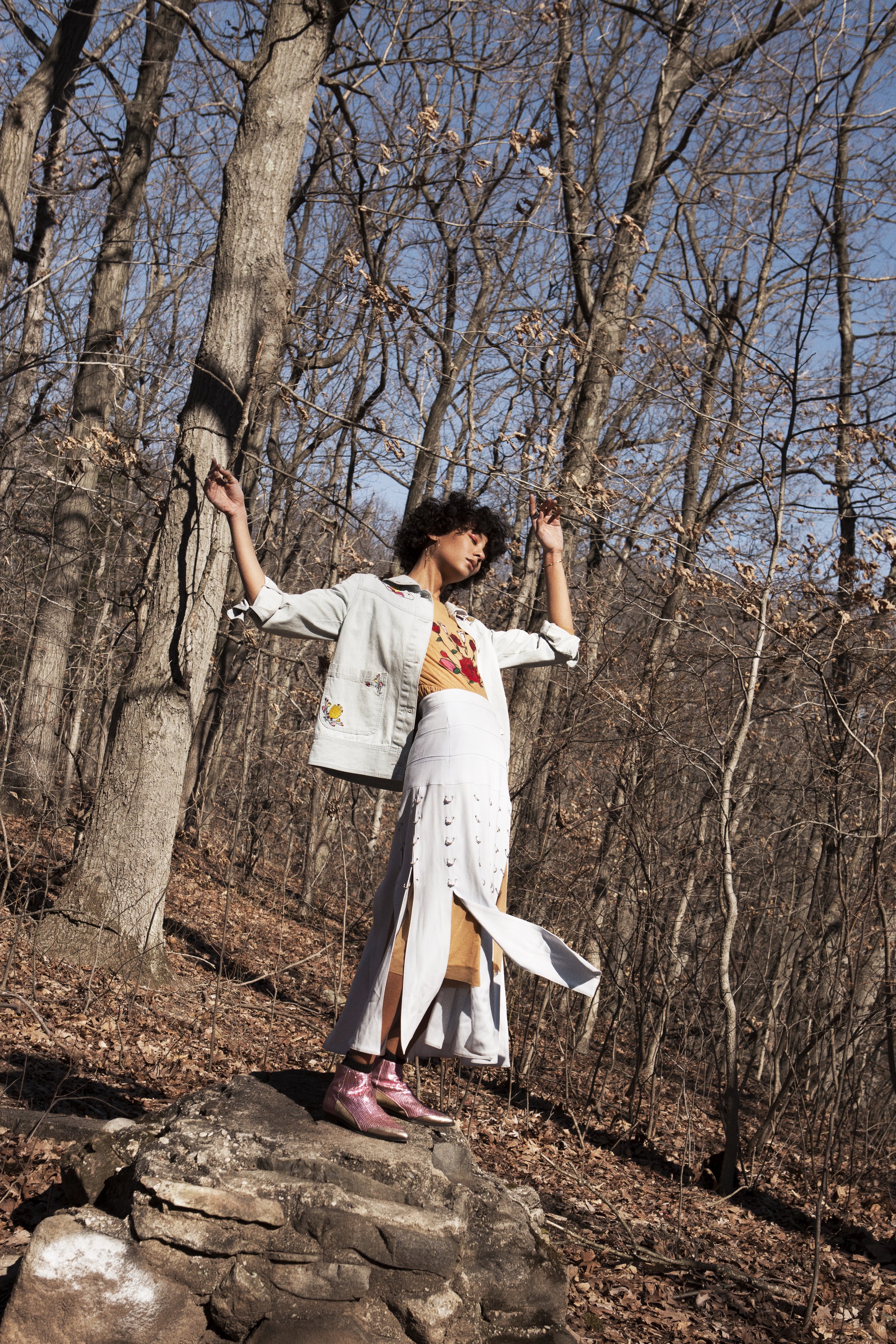 denim jacket + mesh skirt RACHEL ANTONOFF, skirt PRABAL GURUNG, boots ZADIG & VOLTAIRE, earring GINETTE NY