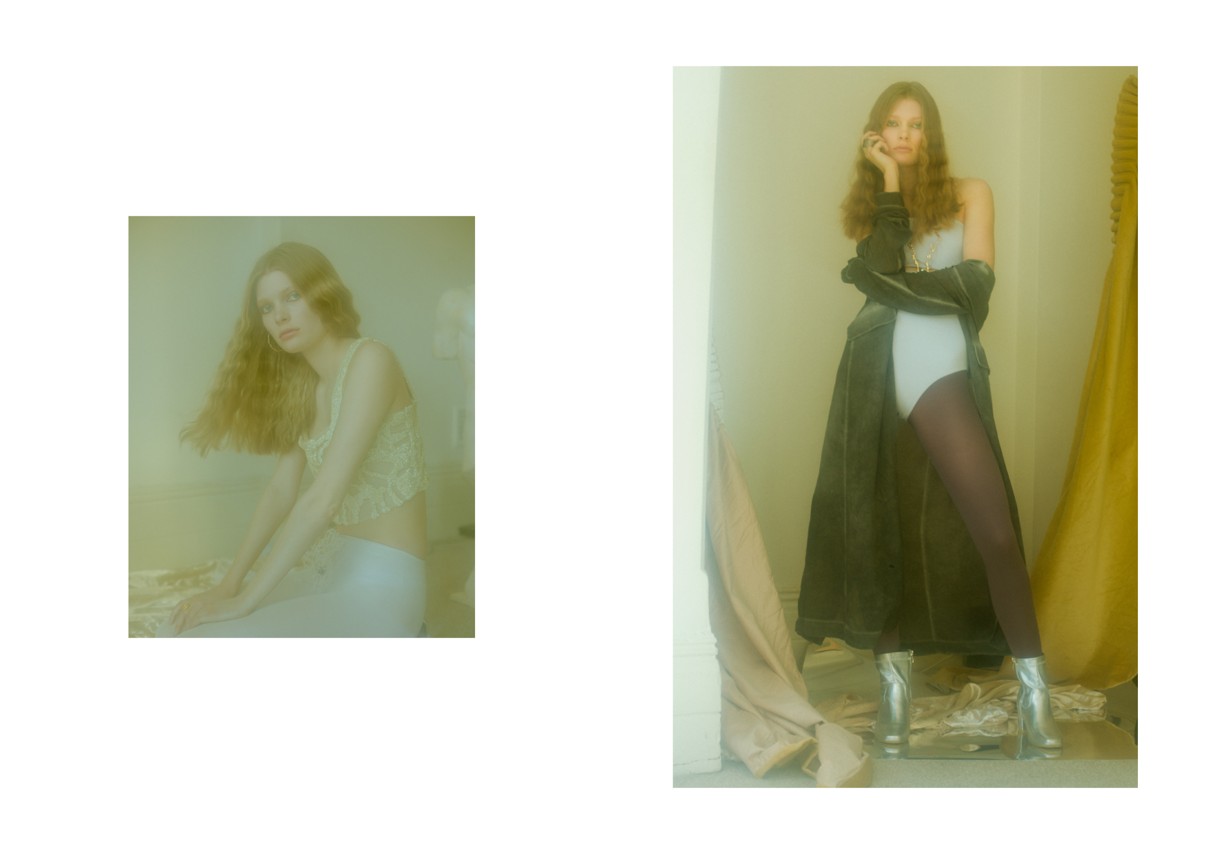 coat STYLIST’S OWN, swimsuit WEEKDAY , stockings GIPSY DUSTY, shoes DAISY STREET (right image)
