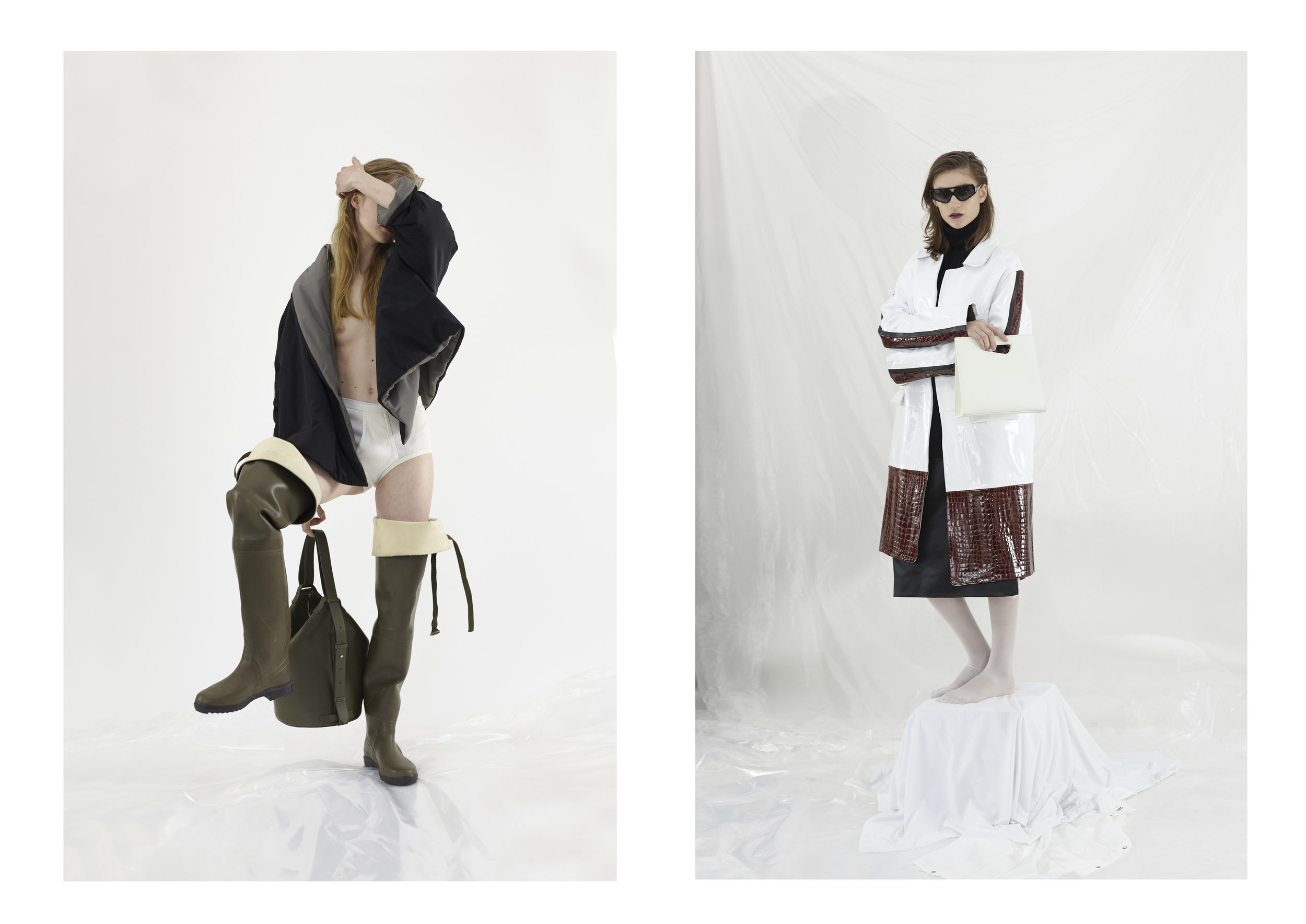 (left): Pierantonio Gasparri Coat, Lariulà Boots, Vintage Underwear, French Connection Bag 2nd (right): Federico Cina Coat, Spazio 76 per Northen Lights Sunglasses, Kitayama Studio Bag, Stylist's own skirt, Calzedonia Tights