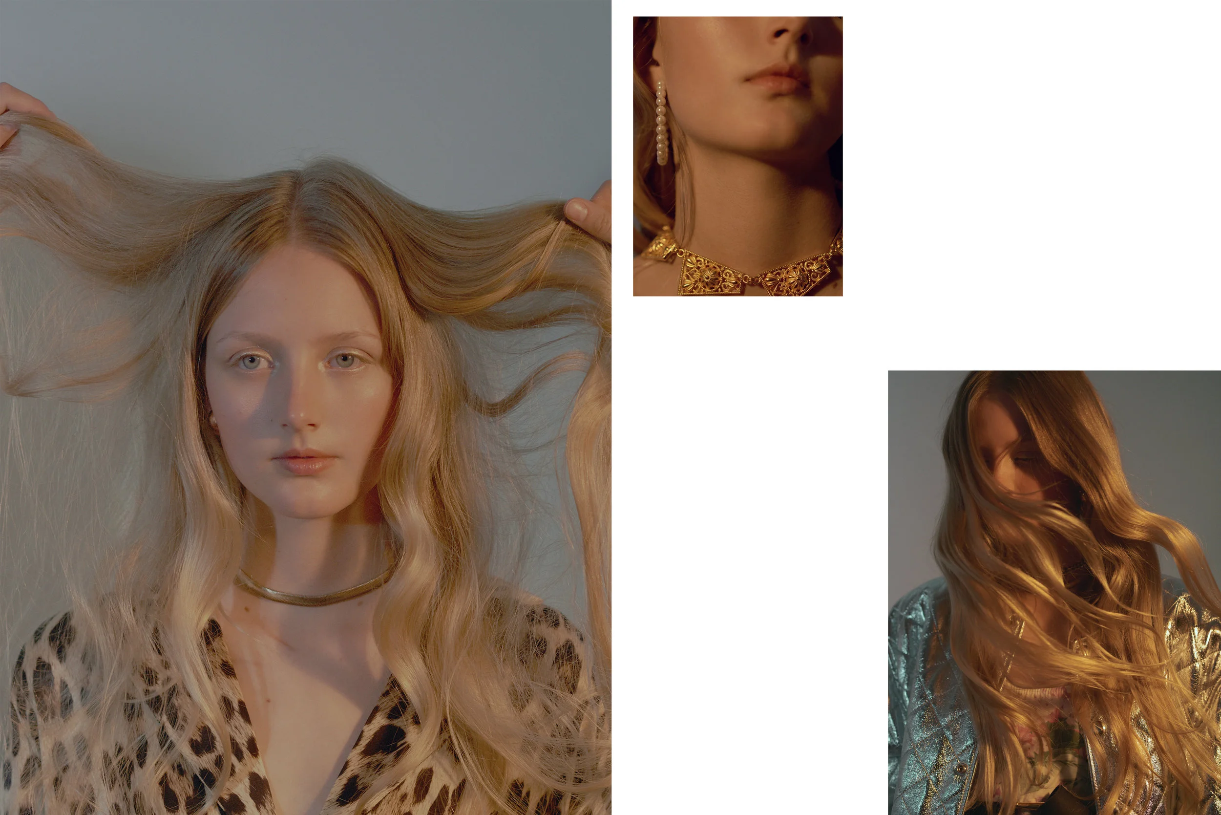 left ROBERTO CAVALLI at THE OUTNET, necklace CELINE , earrings YVES SAINT LAURENT old collection, top right earrings CHANEL , necklace BEN-AMUN at THE OUTNET bottom right bomber SAINT LAURENT at THE OUTNET